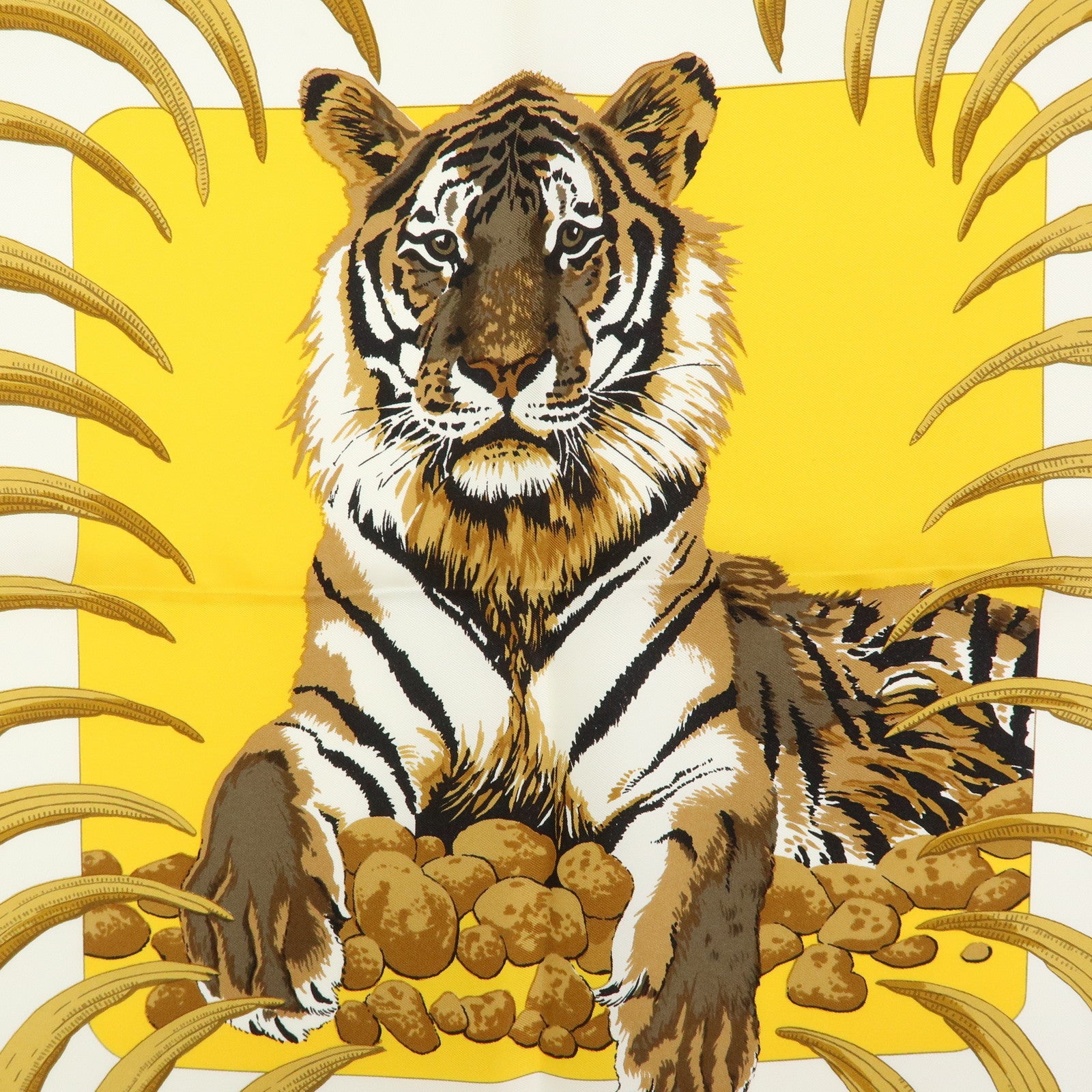 HERMES Carre 90 Silk100% Scarf Tigre Royal White Yellow Brown