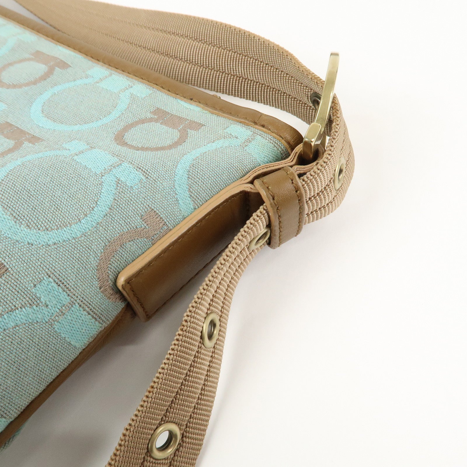 Ferragamo Gancini Logo Canvas Leather Shoulder Bag Light Blue Brown