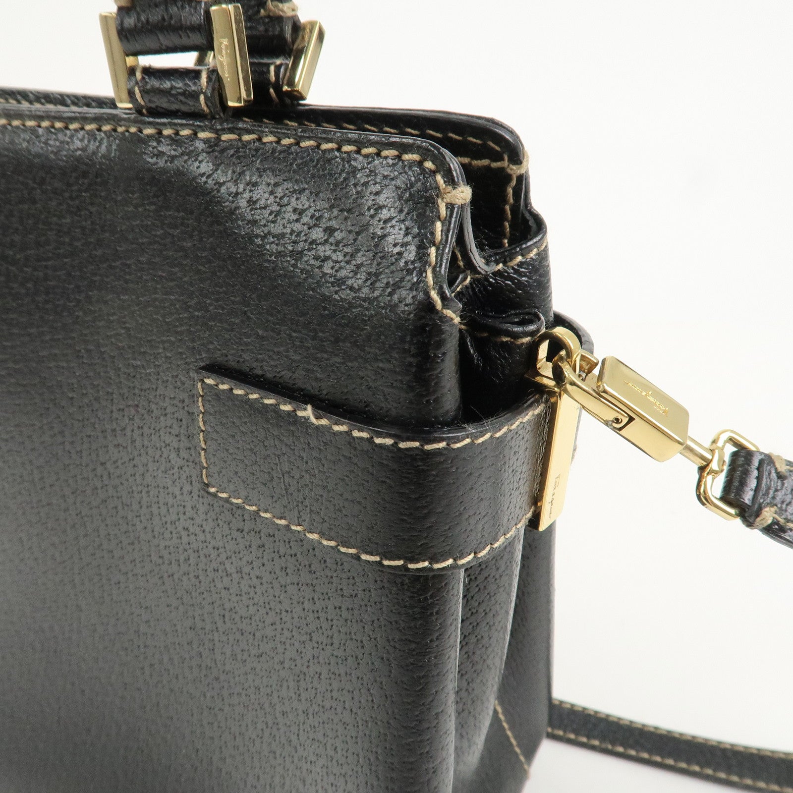 Ferragamo Gancini Leather 2 Way Bag Hand Bag Shoulder Bag Black