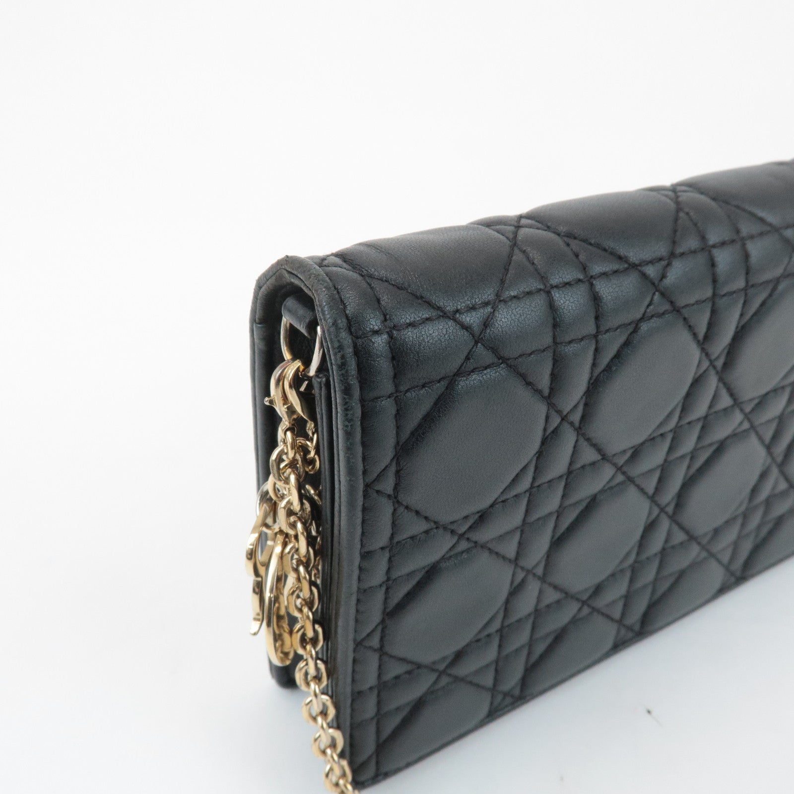 Christian Dior Cannage Leather Chain Shoulder Bag Black Gold Charm