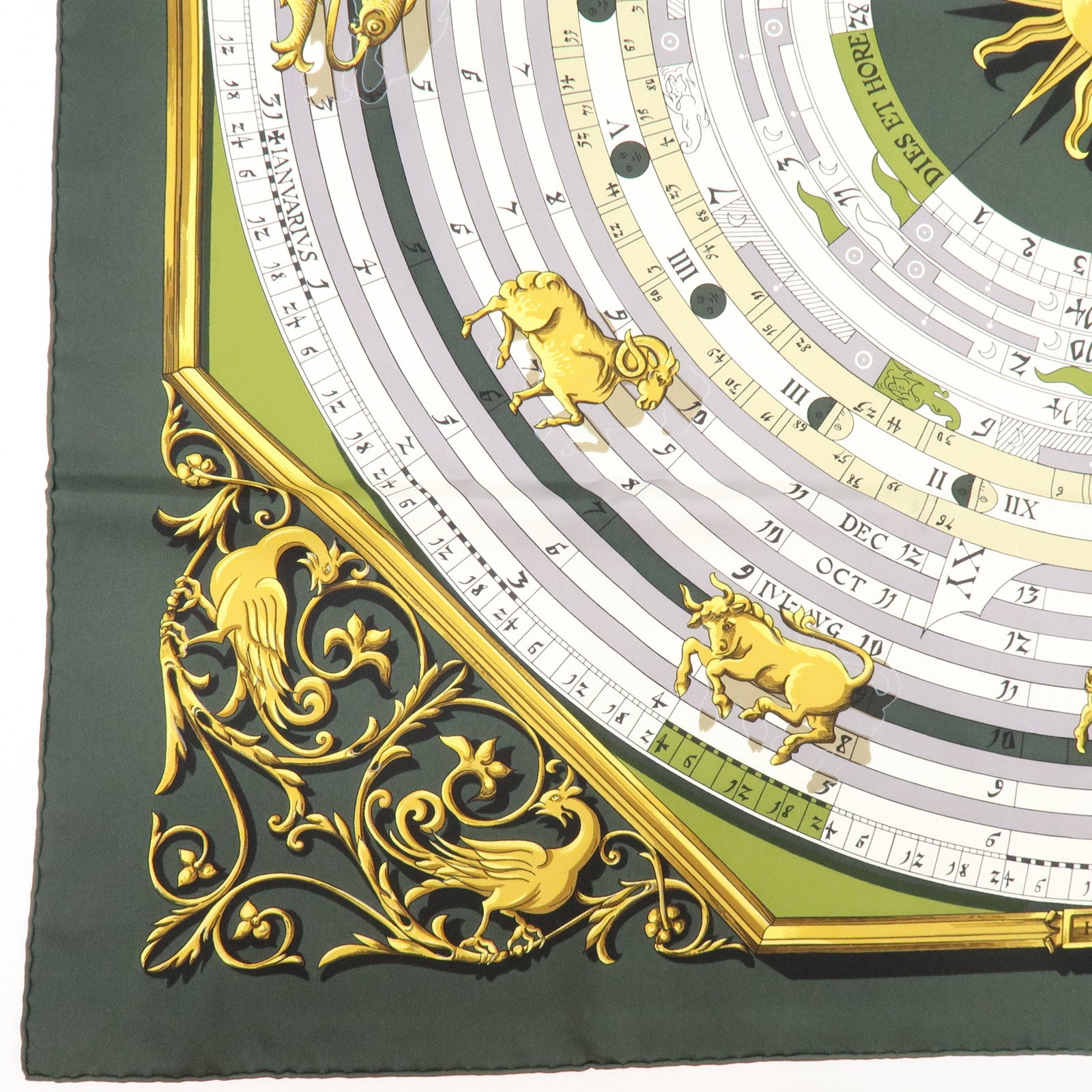 HERMES Carre 90 Silk 100% Scarf DIES ET HORE Green White Gold