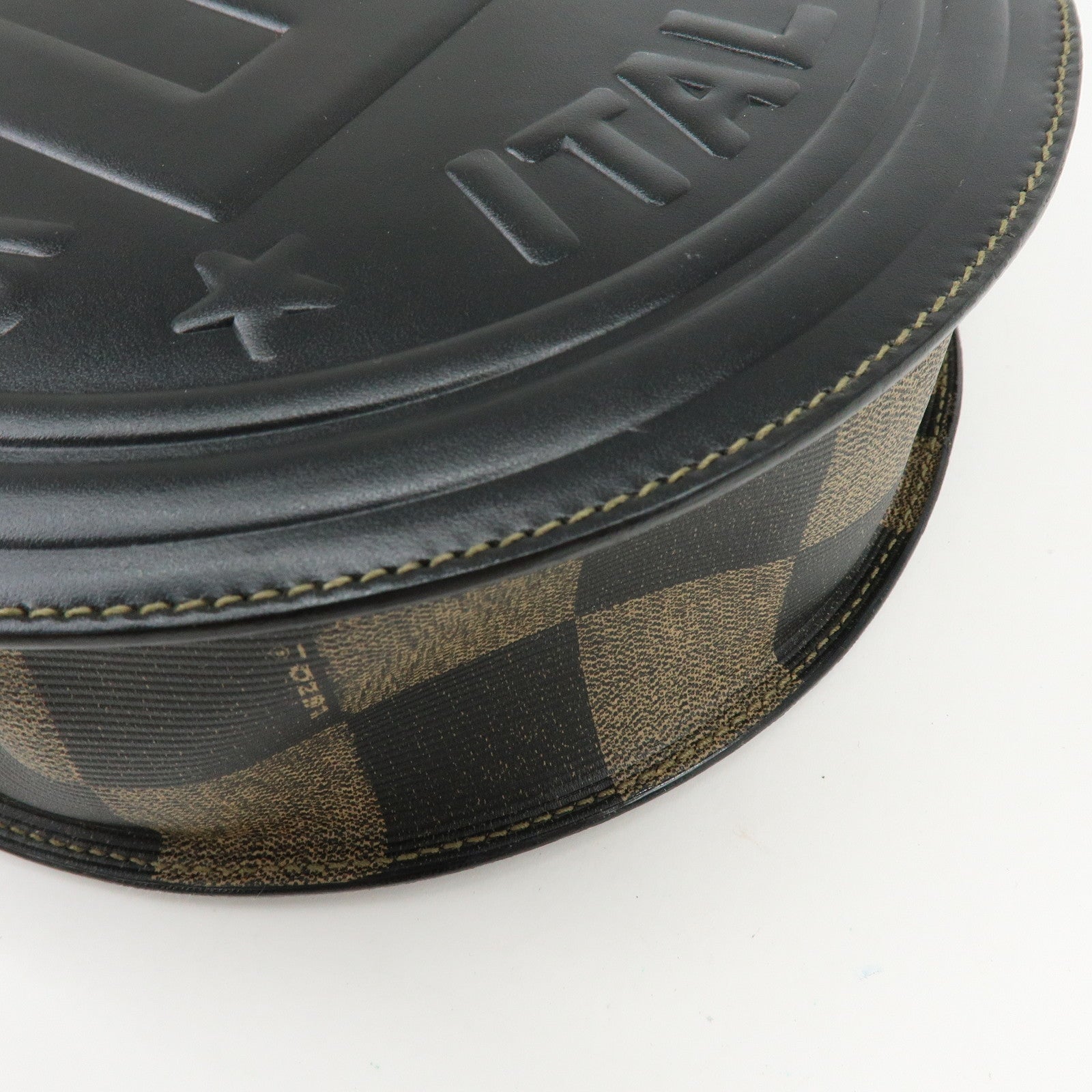 FENDI Leather PVC Round Shoulder Bag Checker Pattern Black Brown