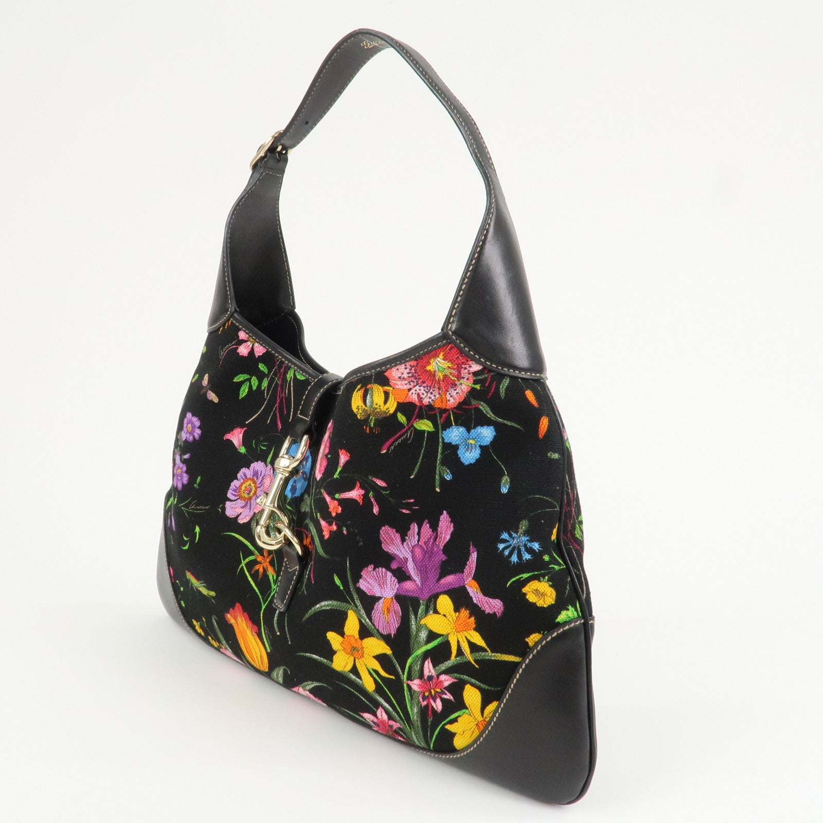 GUCCI Canvas Leather Shoulder Bag Flower Print Black 153029