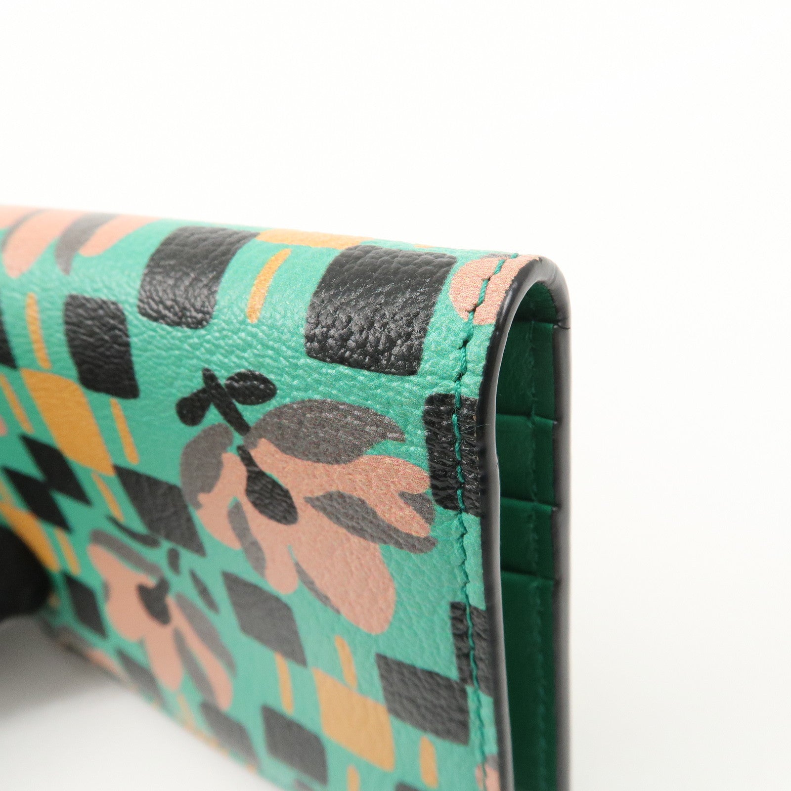 PRADA Leather Compact Wallet Floral Print Green Gold HDW 1MV204 Used