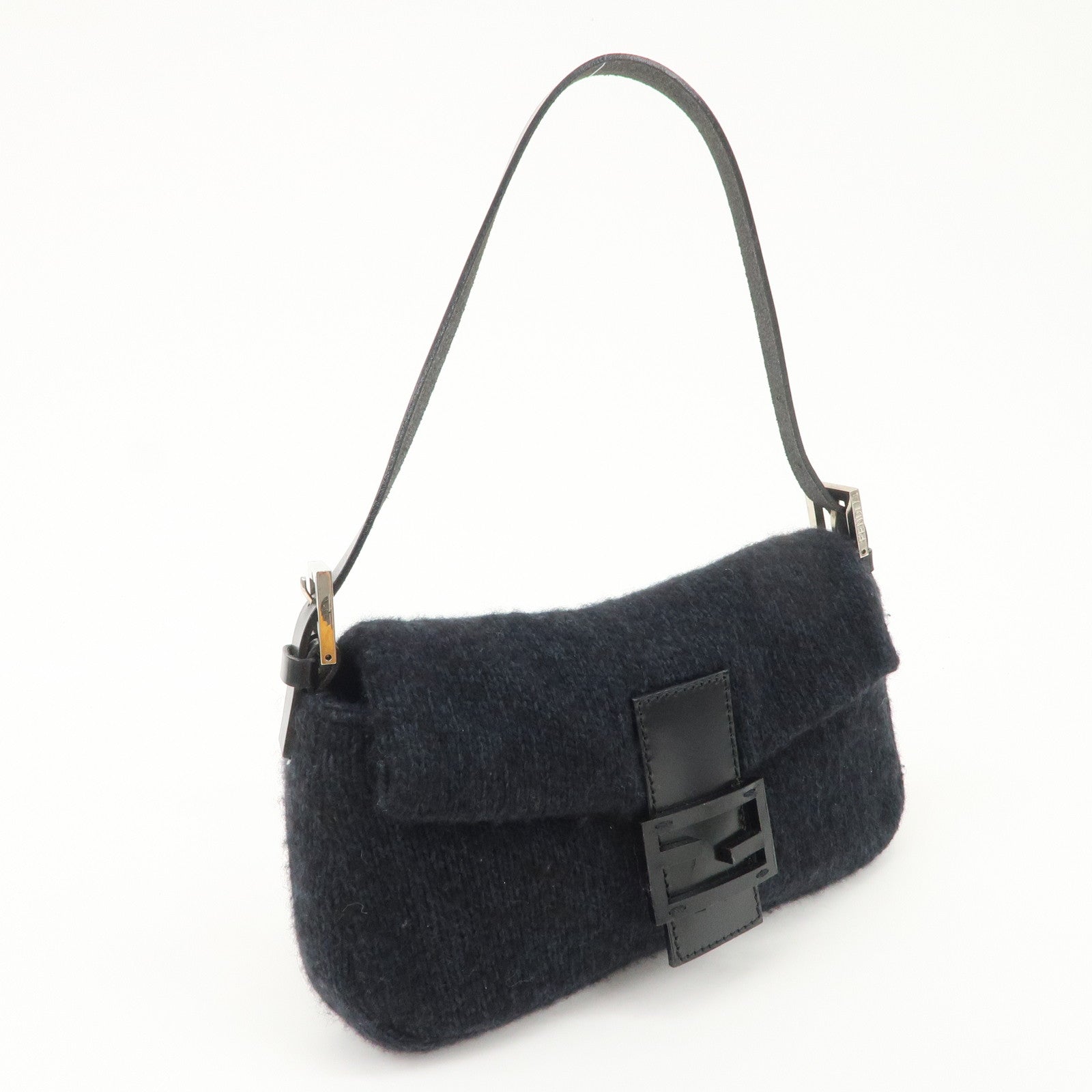 FENDI Mamma Baguette Knit Leather Shoulder Bag Dark Navy 26424
