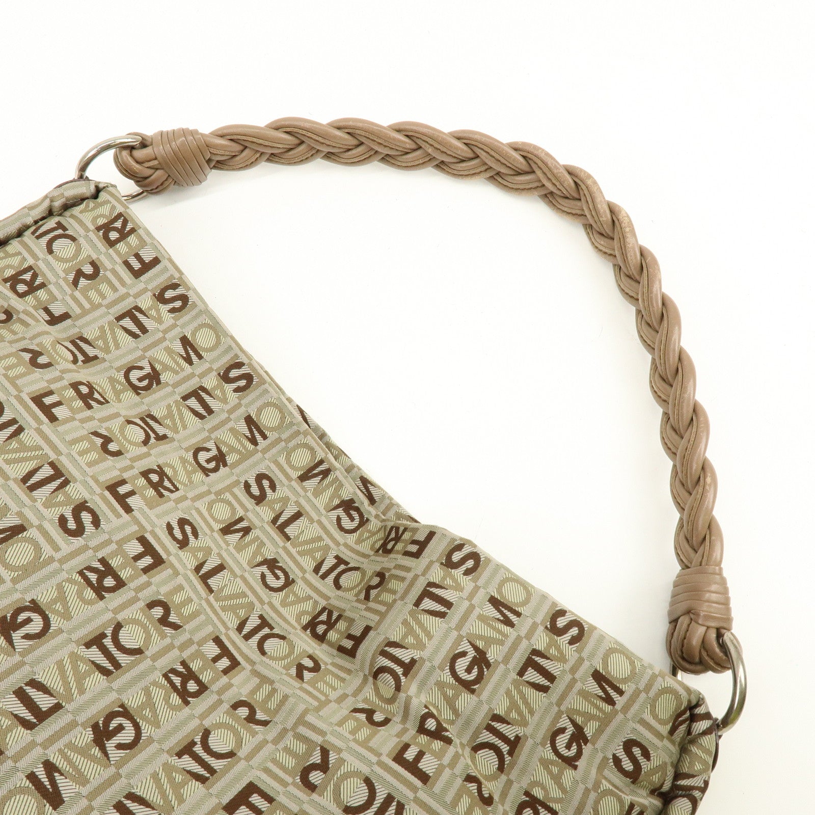 Ferragamo Logo Canvas Leather Shoulder Bag Beige Brown Khaki