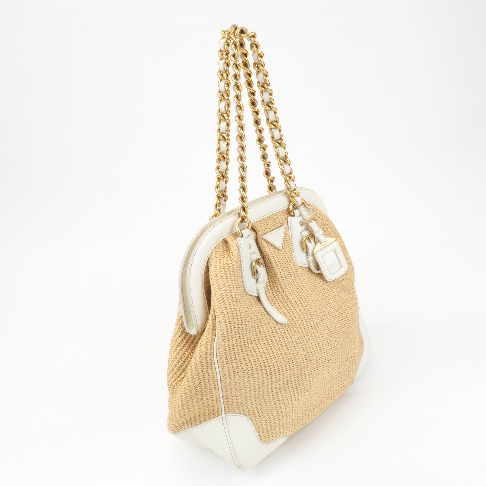 PRADA Triangle Leather Raffia Shoulder Bag Straw Bag Beige BR3693 Used