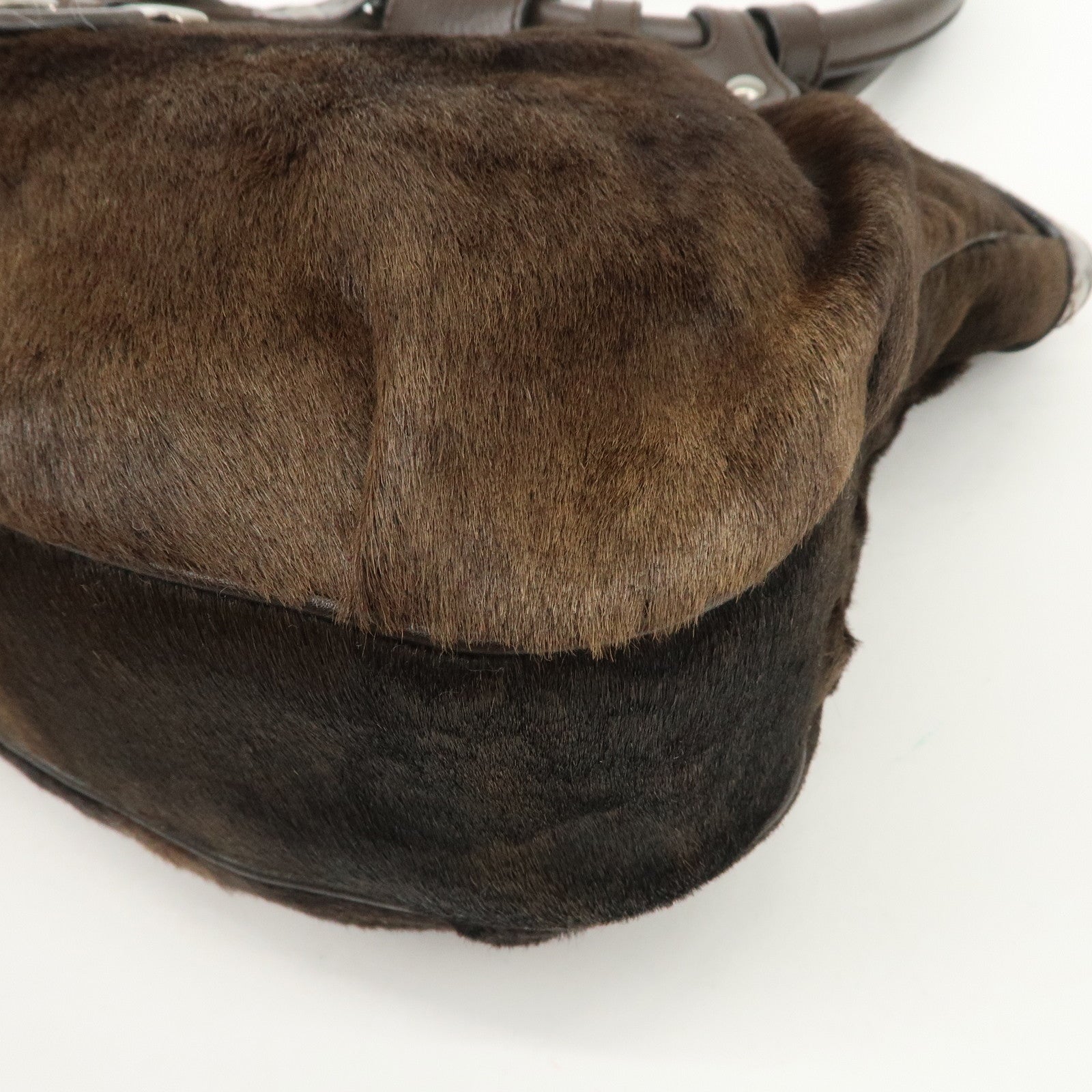 Ferragamo Gancini Unborn Calf Leather Hand Bag Dark Brown Used