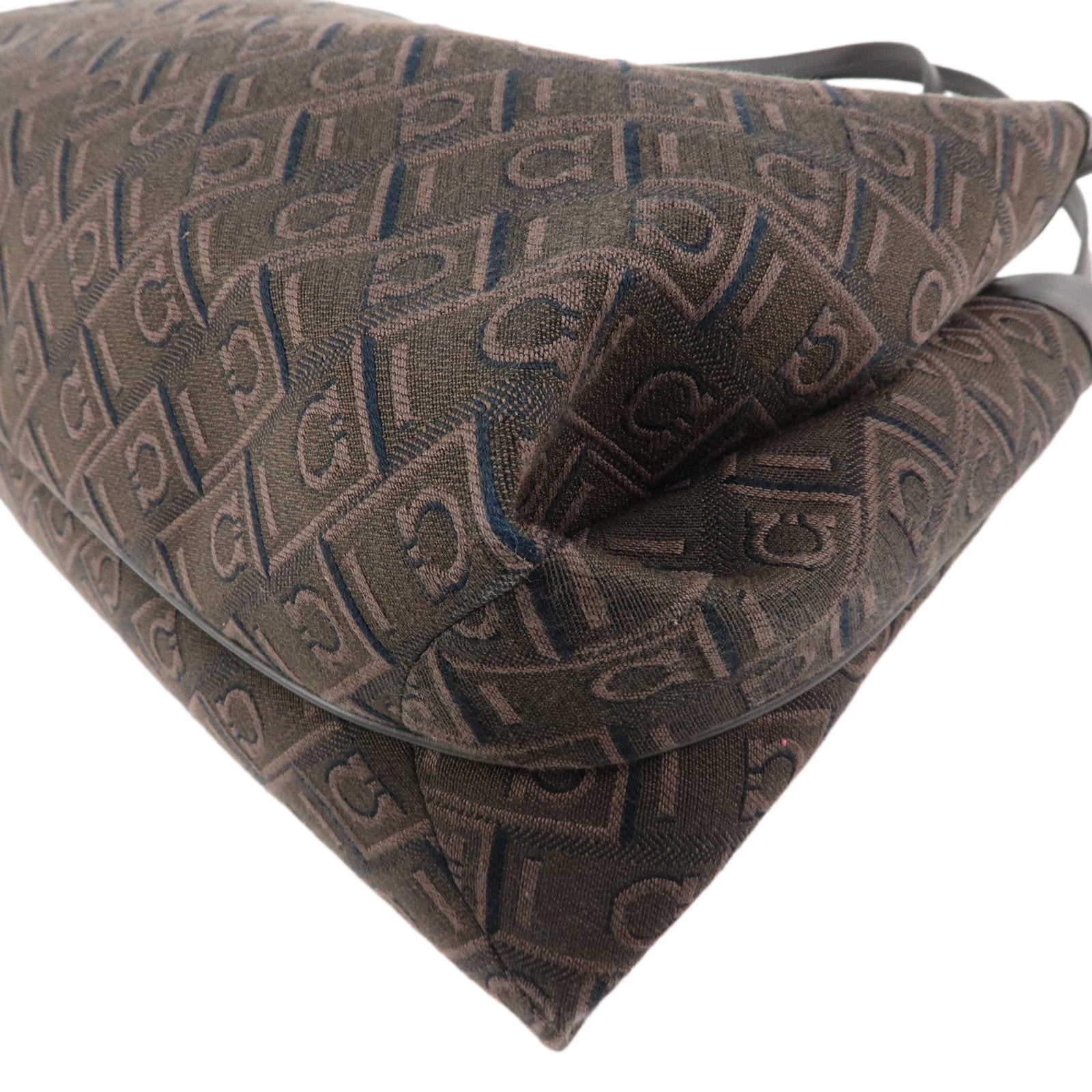 Ferragamo Gancini Canvas Leather Shoulder Bag Hand Bag Dark Brown