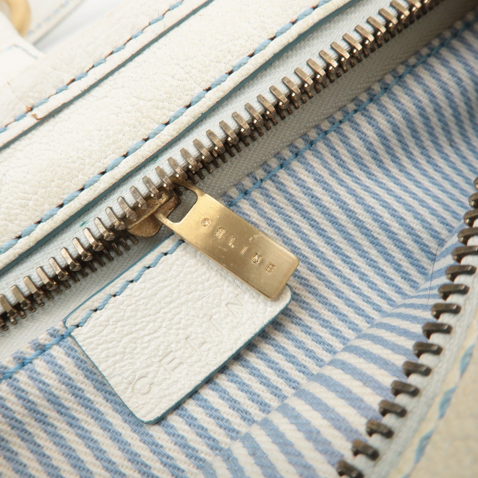 CELINE Canvas Leather Shoulder Bag Hand Bag Blue Ivory Used