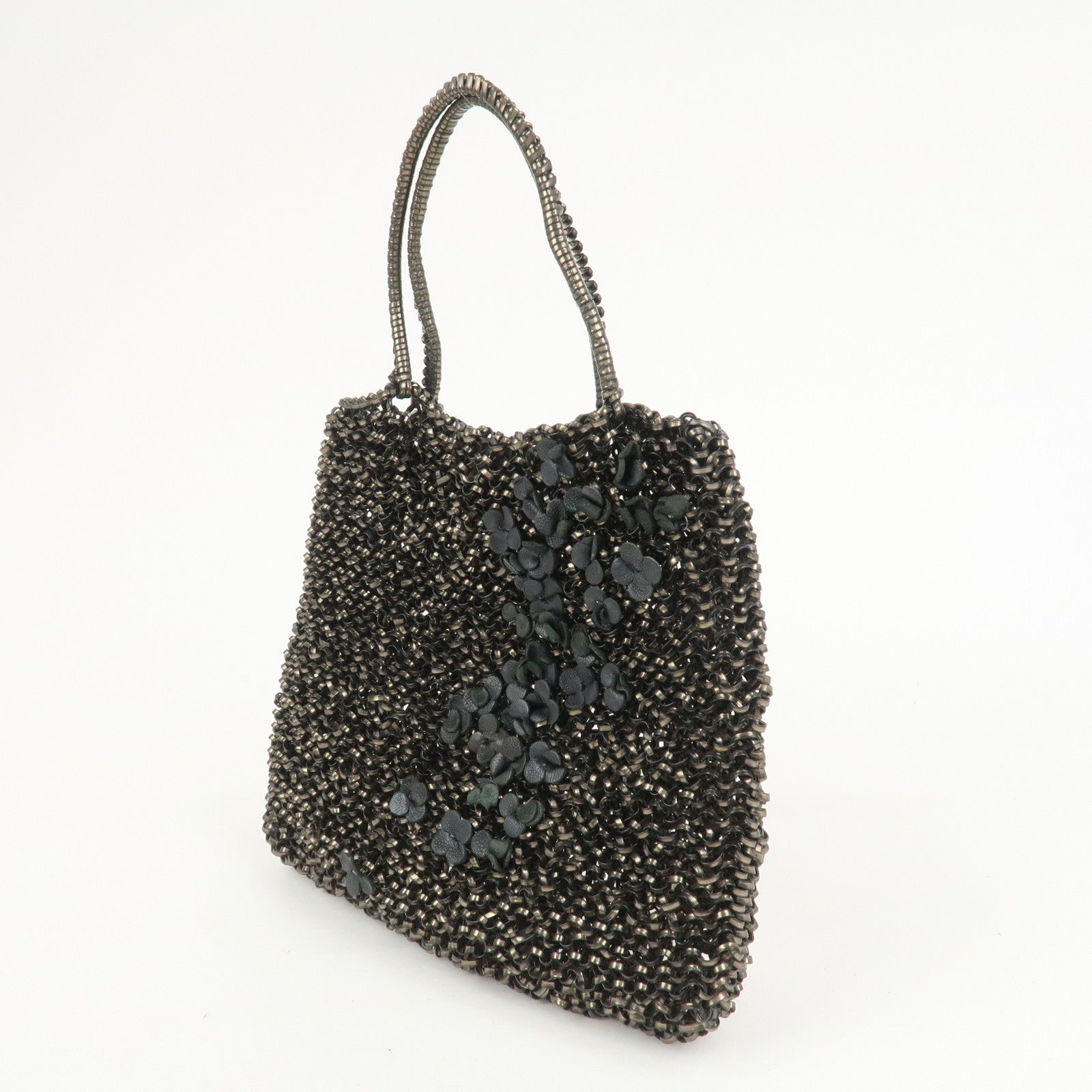 ANTEPRIMA Wire Bag PVC Leather Hand Bag Flower Motif Black Gold
