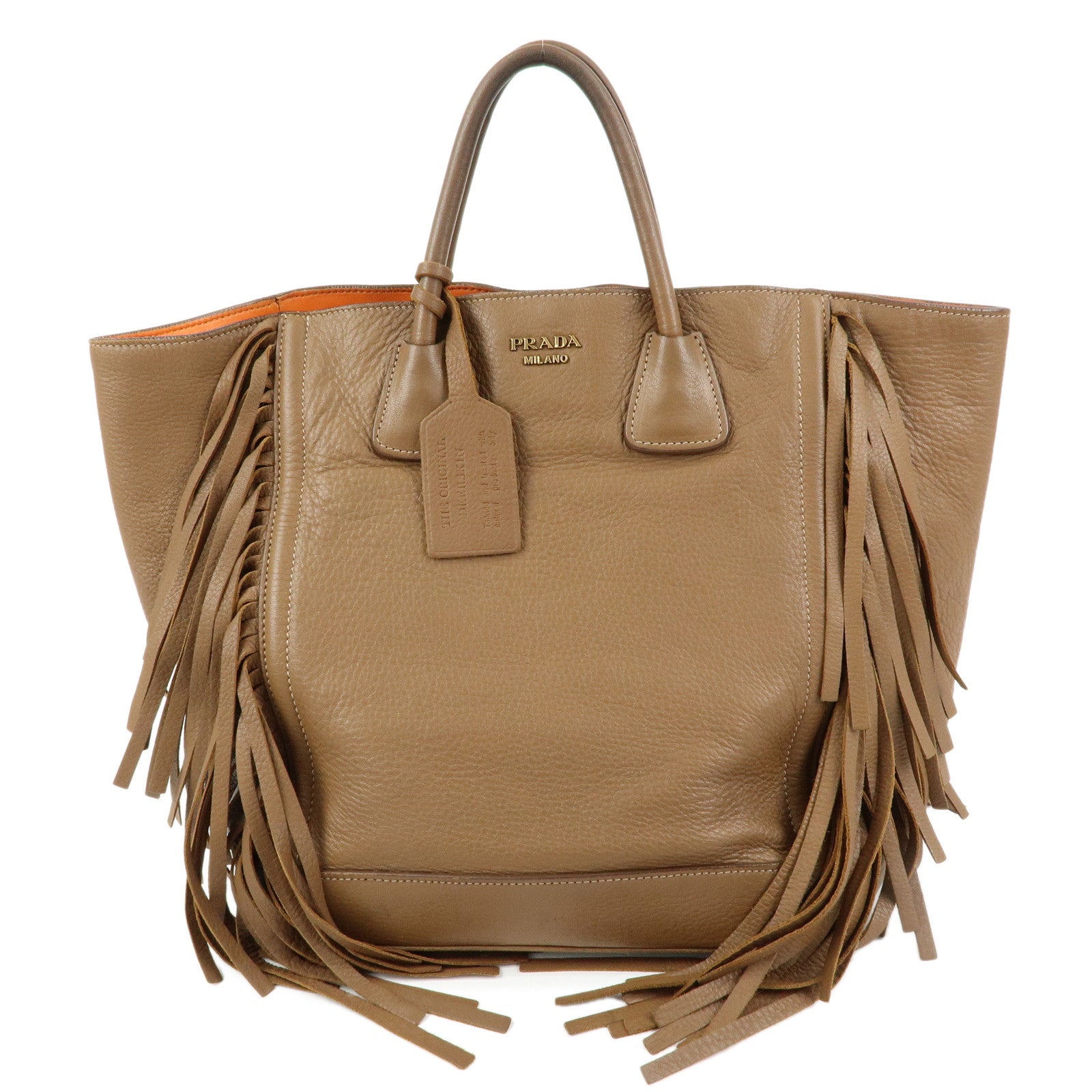 PRADA Leather Fringe Tote Bag Hand Bag Camel Orange