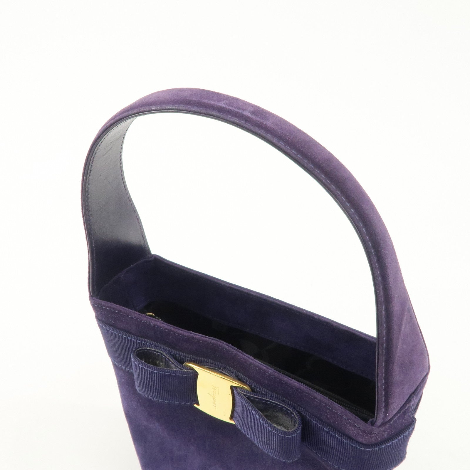 Ferragamo Vara Ribon Suede Hand Bag Purple Gold Hardware Used