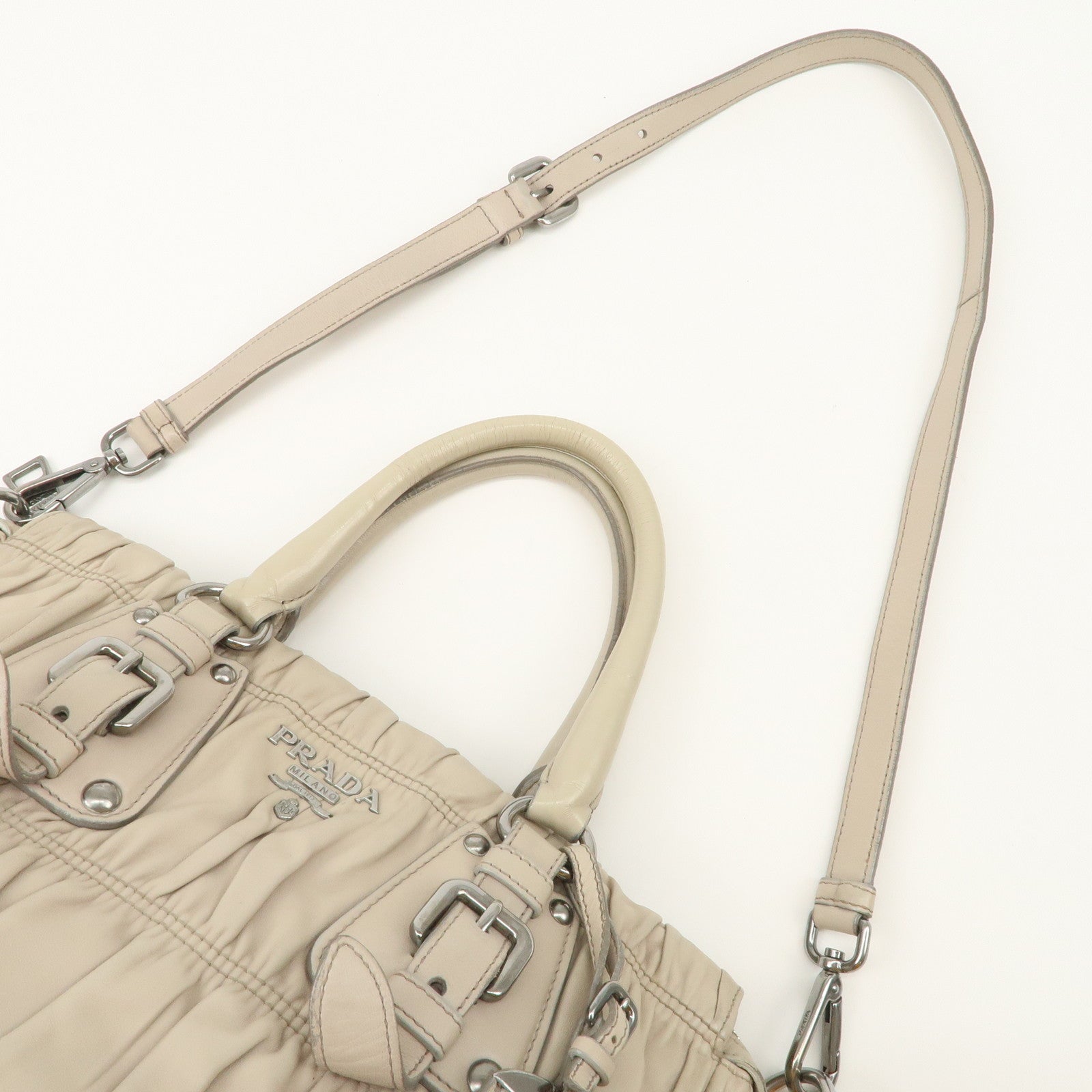 PRADA Logo Leather Gathered 2Way Hand Bag Beige BN1336