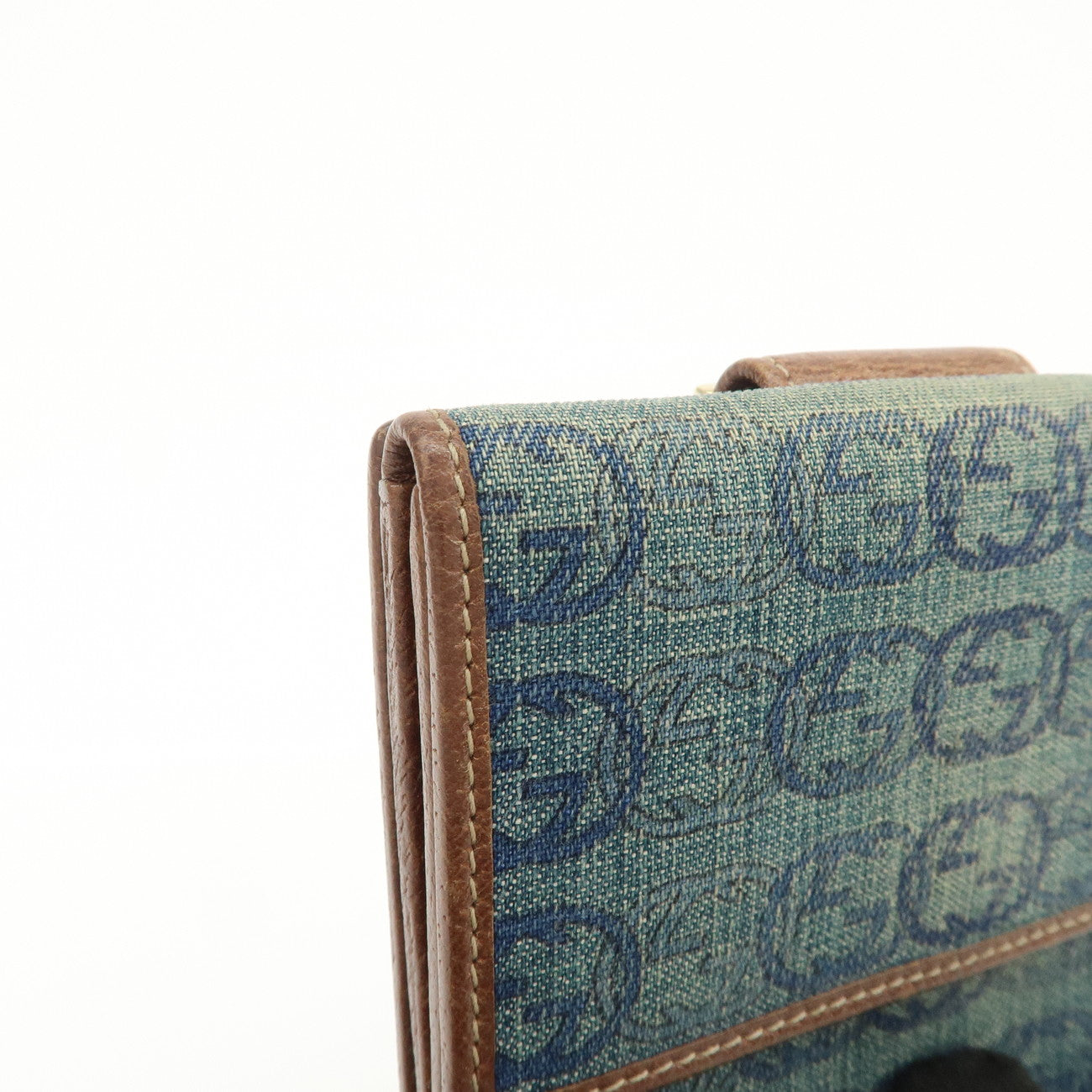 GUCCI Denim Leather Bi-Fold Compact Wallet Blue Brown