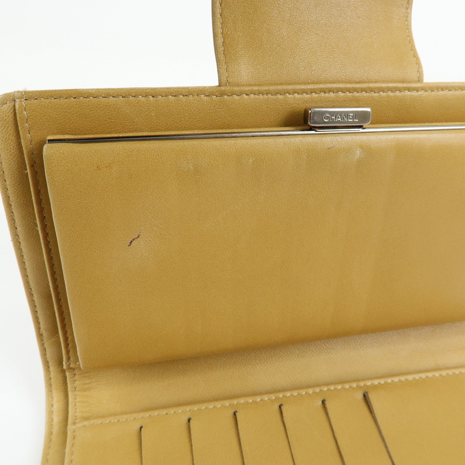 CHANEL Chocolate Bar Lamb Skin Long Wallet Yellow Beige A82281