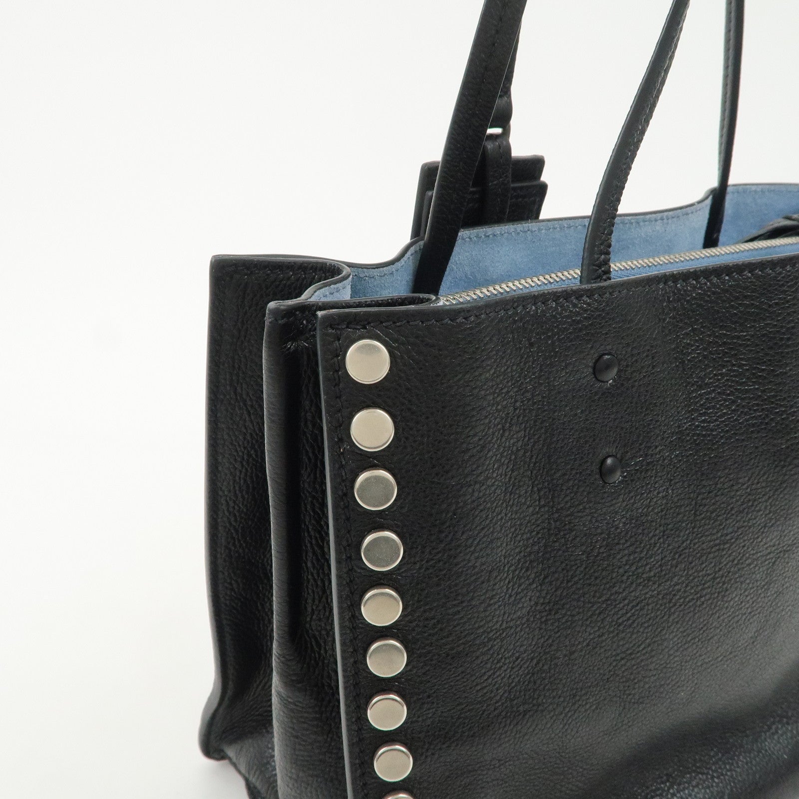 PRADA Logo Etiquette Leather Tote Bag Studs Black 1BG121
