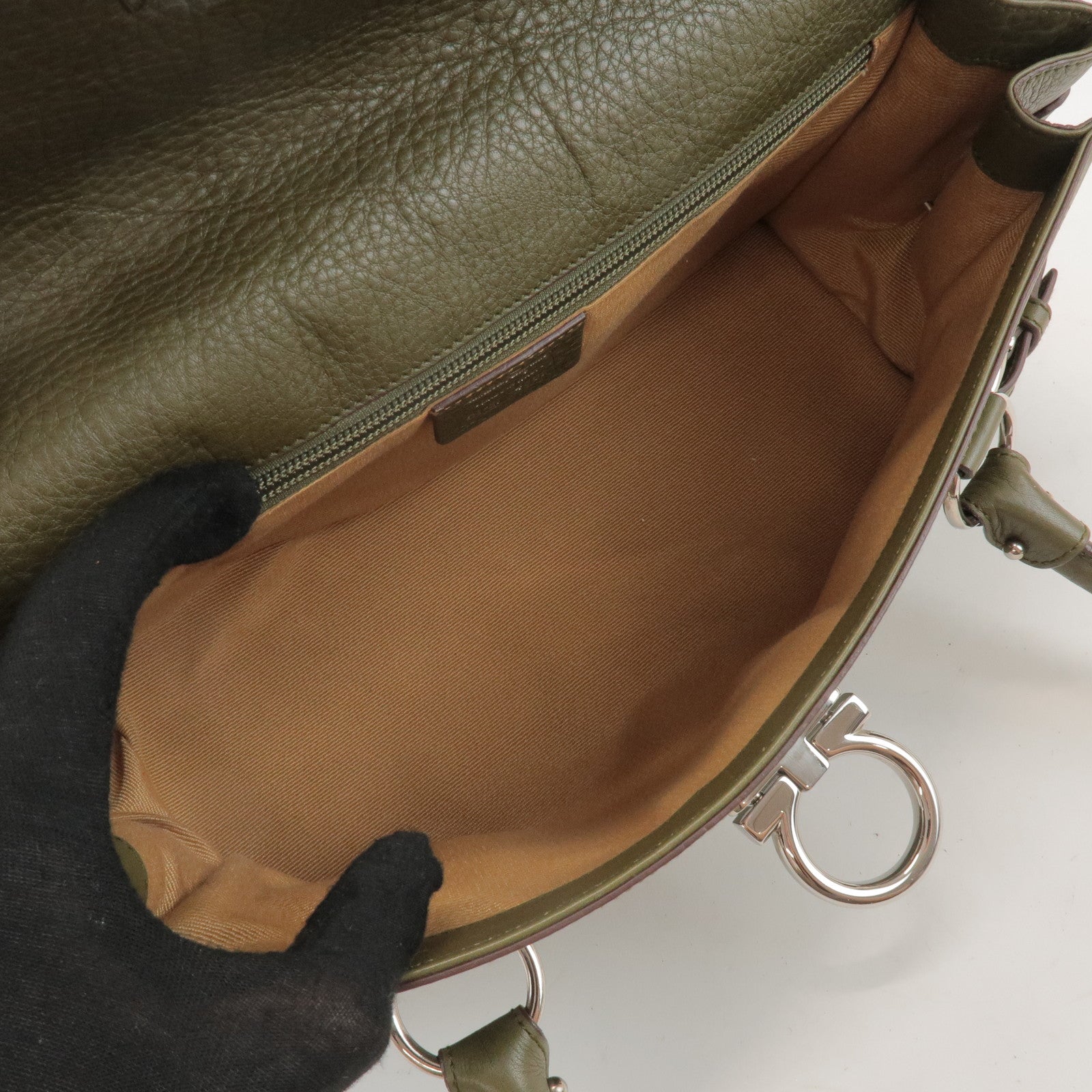 Ferragamo Gancini Leather Shoulder Bag Hand Bag Khaki