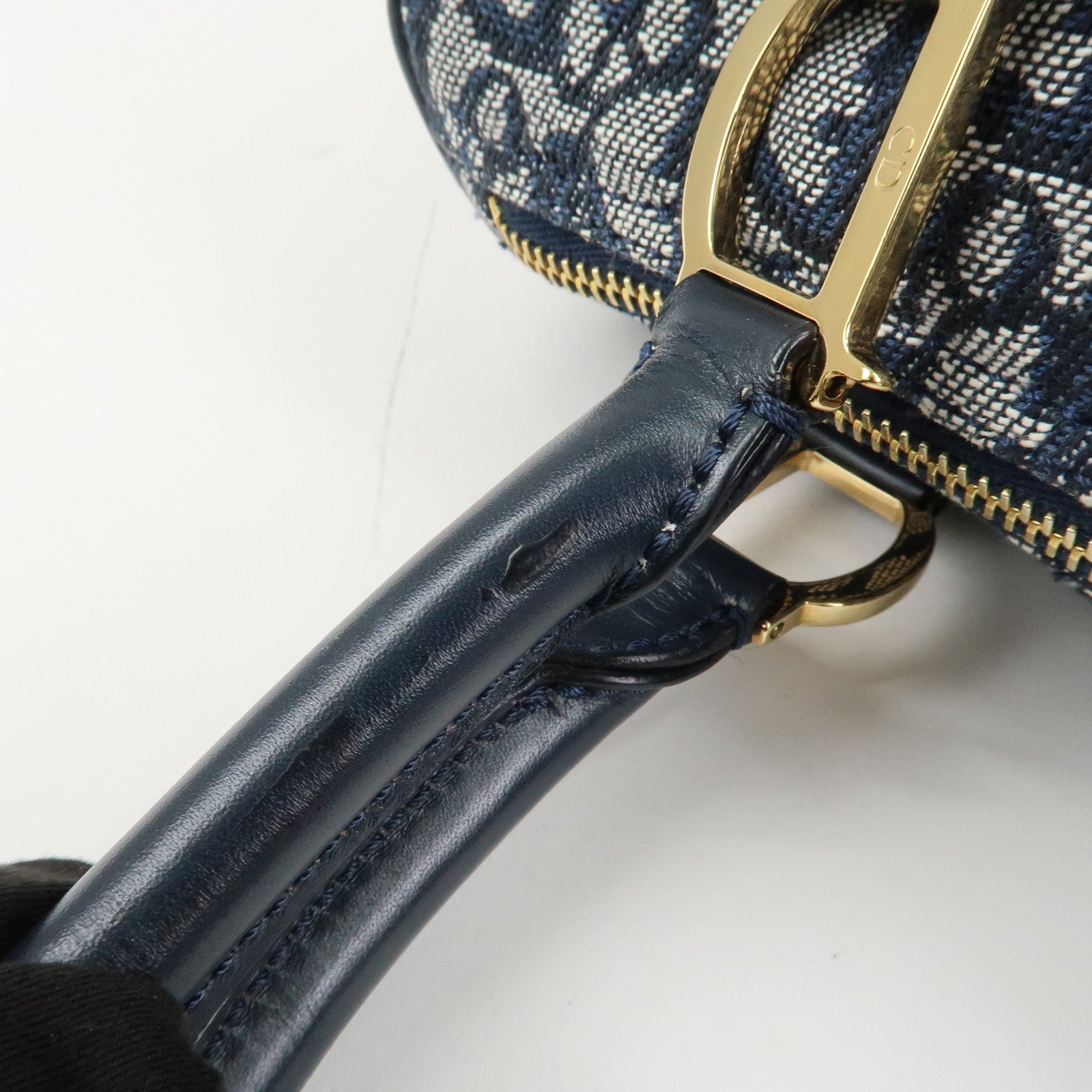 Christian Dior Trotter Leather Canvas Boston Bag Navy White Used