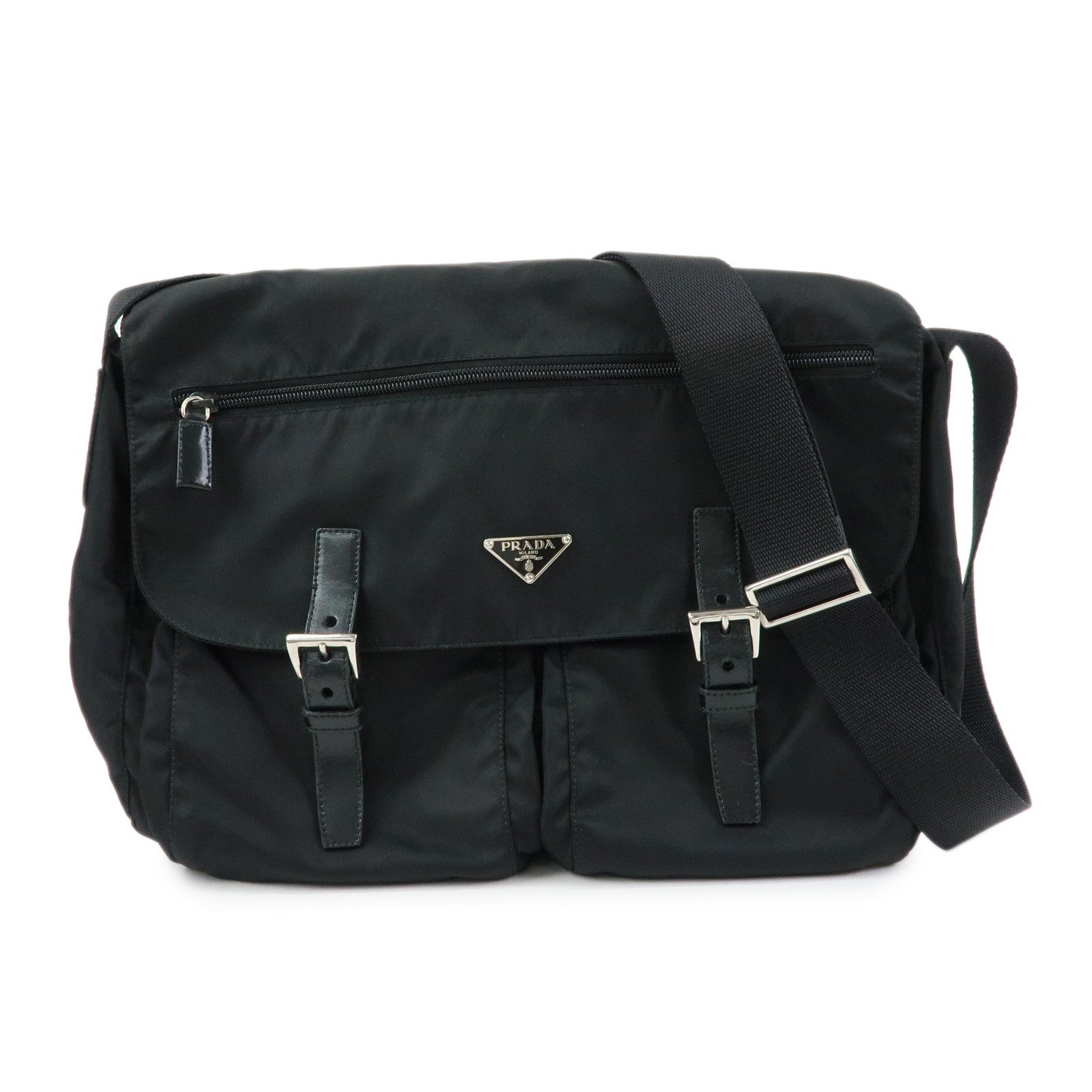 PRADA Triangle Logo Nylon Leather Shoulder Bag Crossbody Bag Black