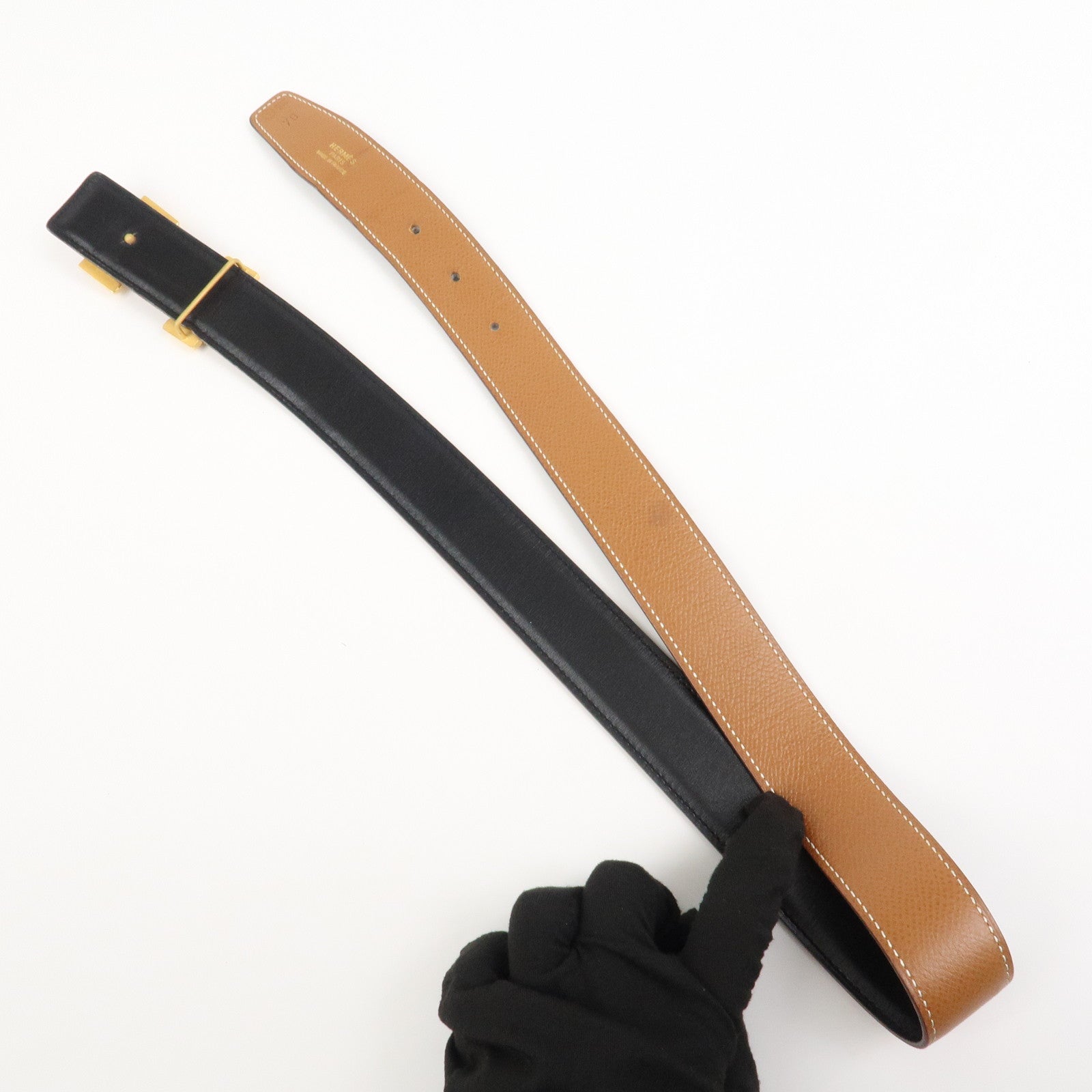 HERMES Leather H Buckle Constance Belt Reversible Black
