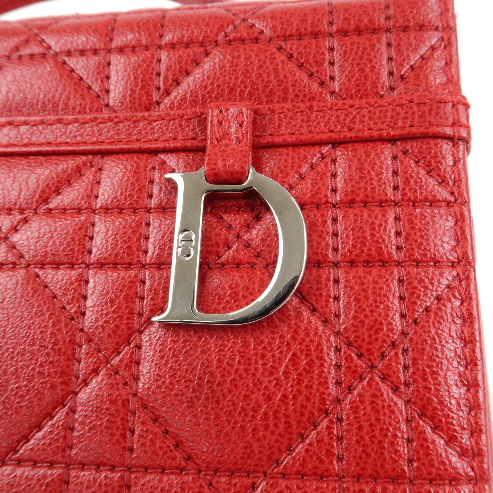 Christian Dior Cannage Leather Vanity Bag Hand Bag Red Silver HDW Used