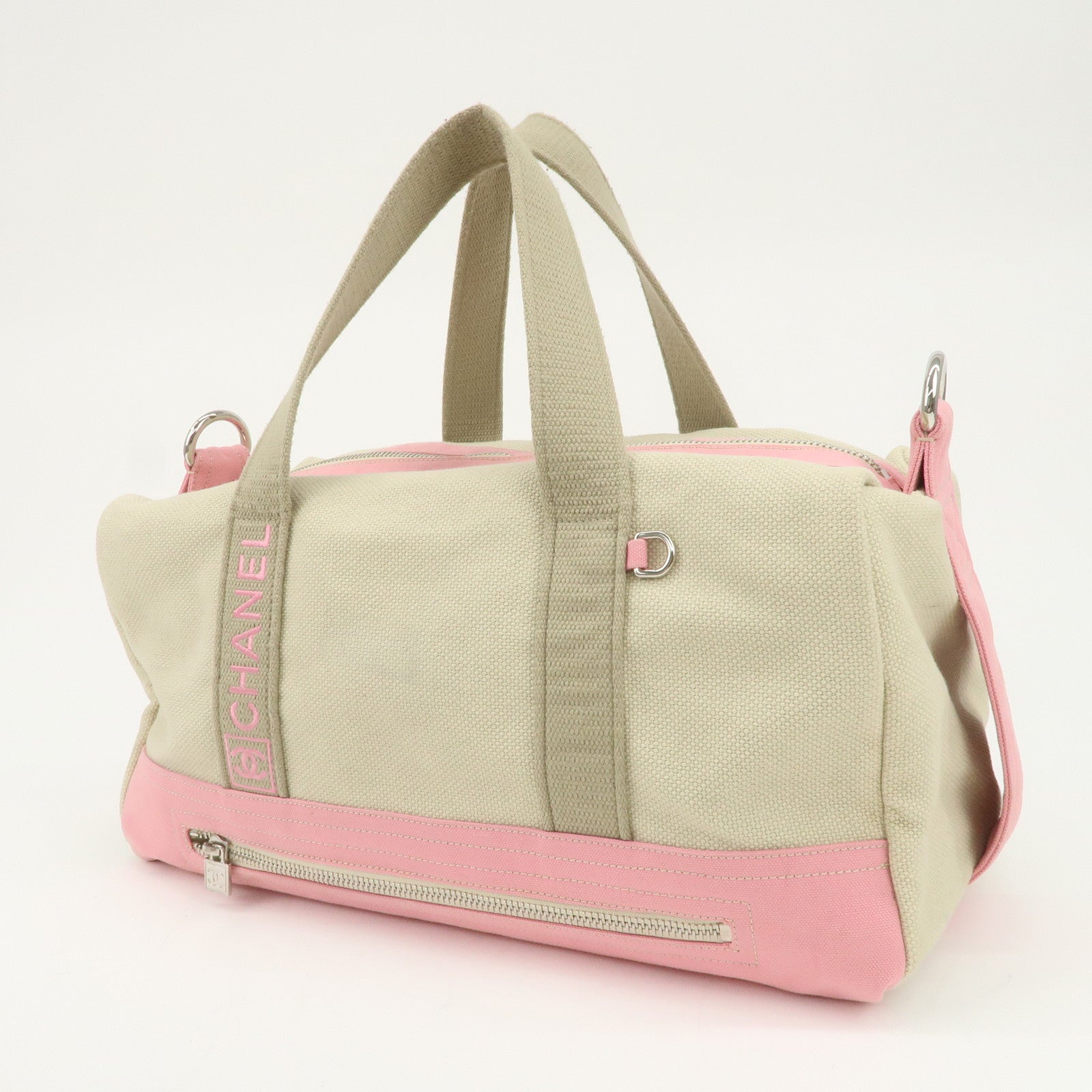 CHANEL Sport Line Canvas Boston Bag Hand Shoulder Bag Ivory Pink