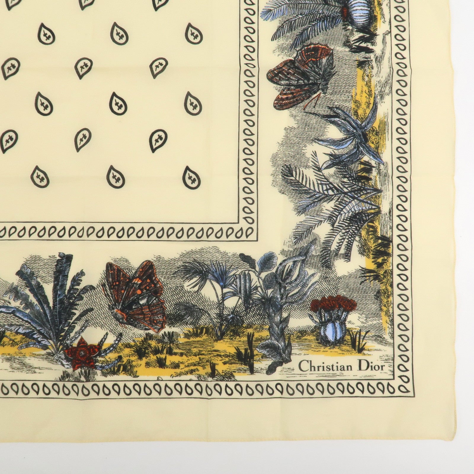 Christian Dior Cotton100% Scarf Cactus Butterfly 55×55 Yellow Beige