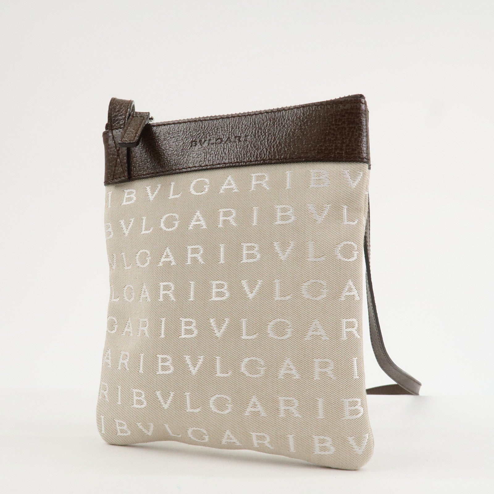 BVLGARI Logo Mania Leather Canvas Shoulder Bag Beige Brown