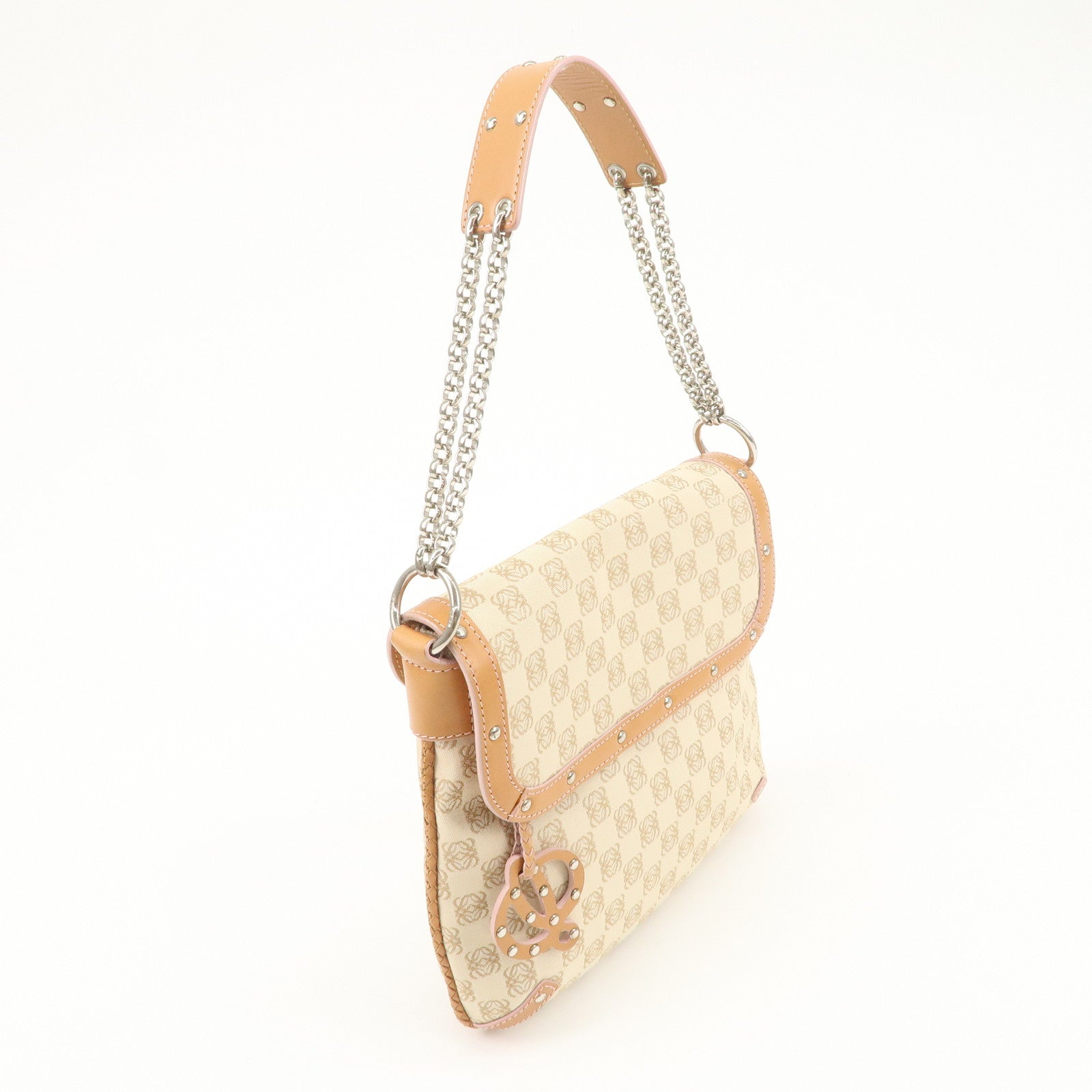 LOEWE Repeat Anagram Leather Canvas Chain Shoulder Bag Beige Brown Used