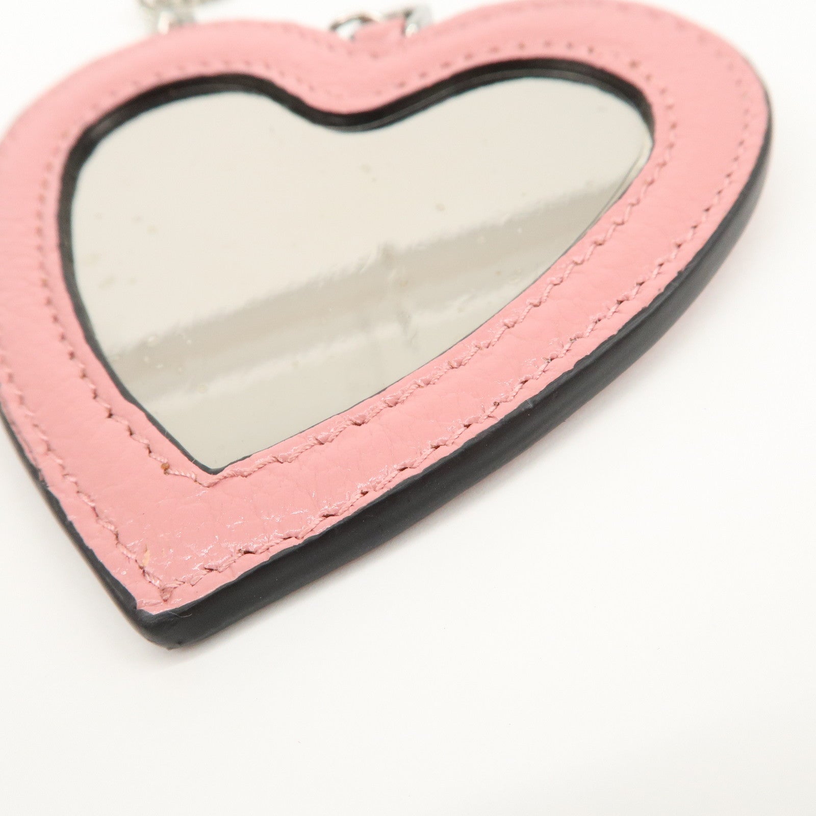MIU MIU Leather Heart Motif Mirror Bag Charm Key Chain Pink 5TL376