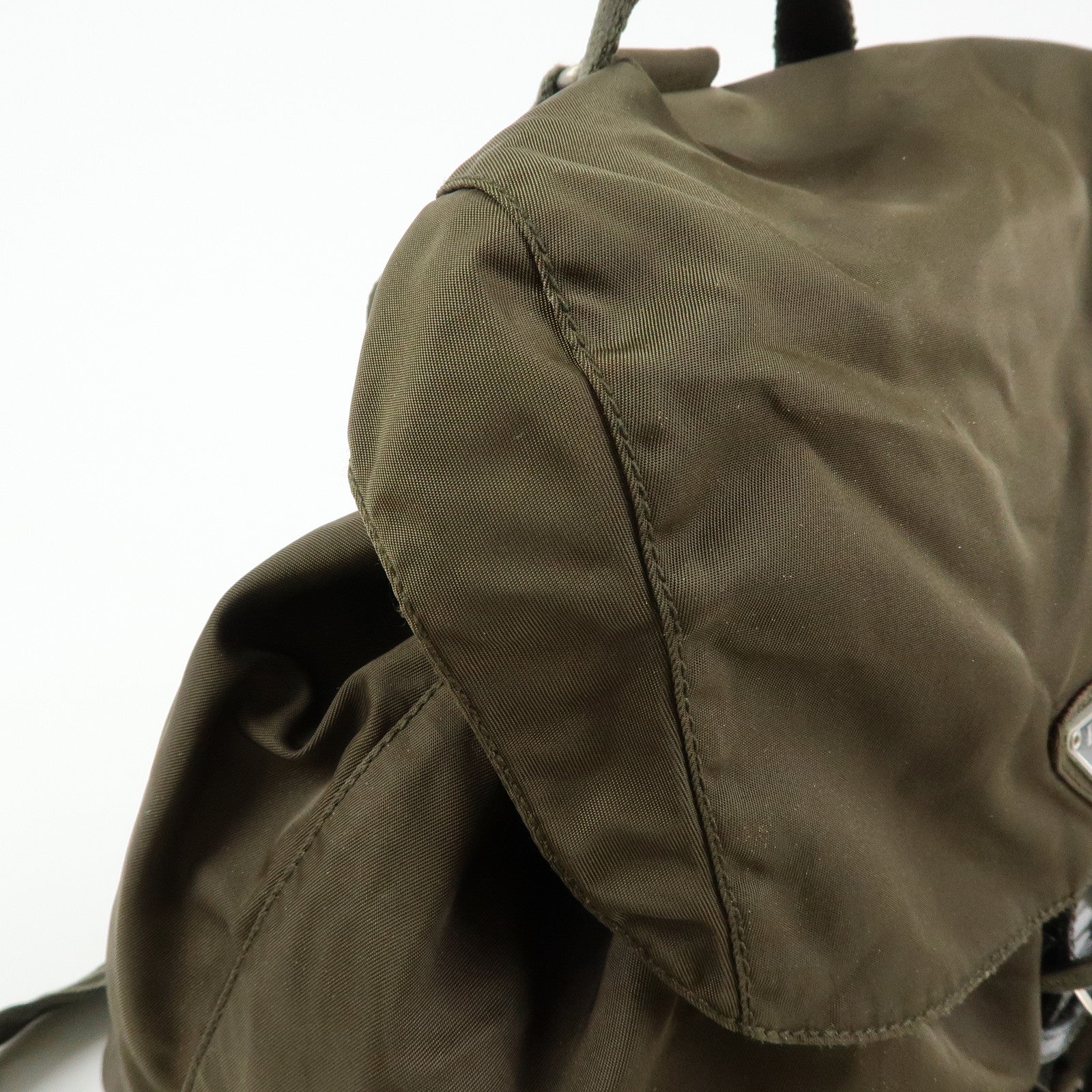 PRADA Triangle Logo Nylon Leather Backpack Rucksack Khaki B6677