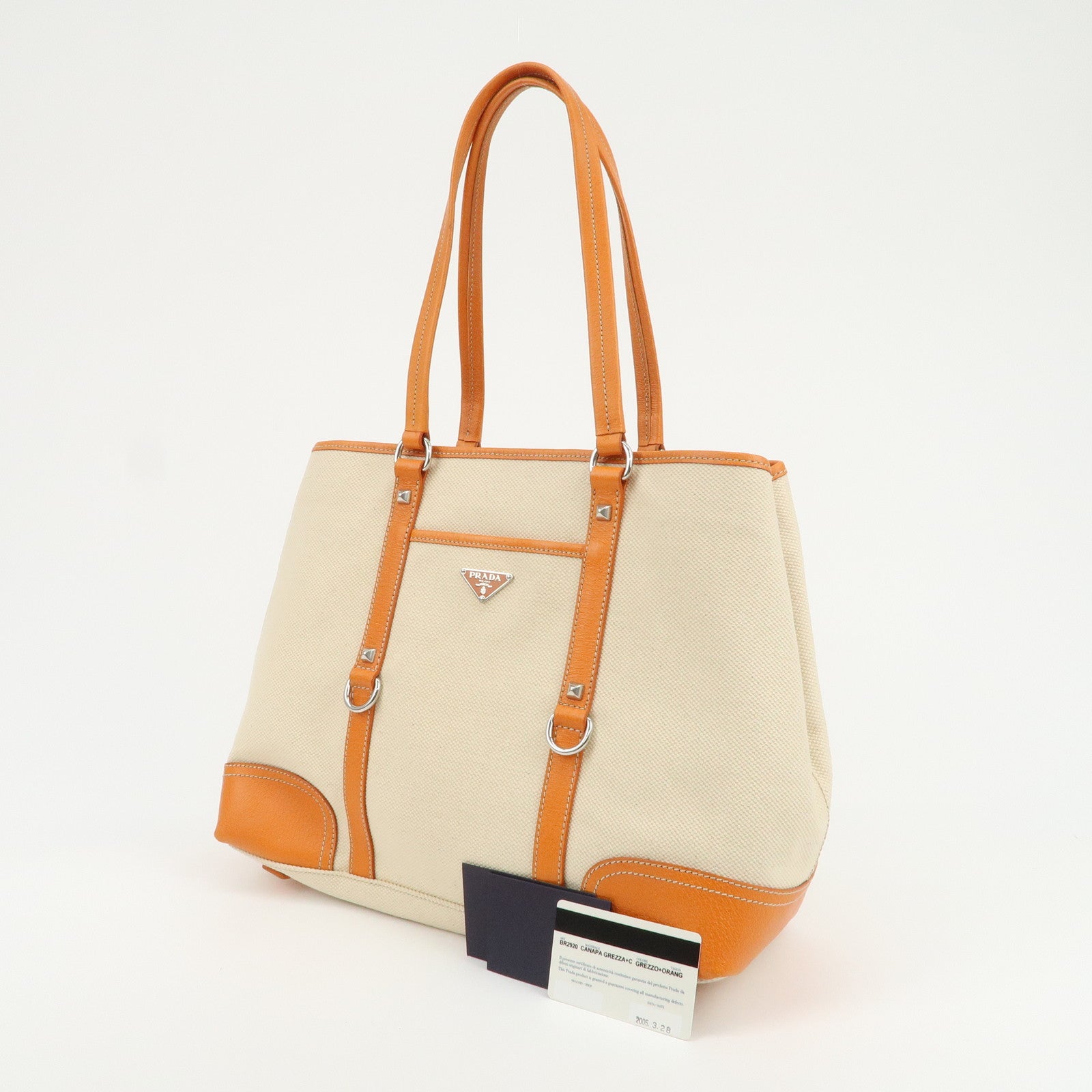 PRADA Triangle Logo Canvas Leather Tote Bag Natural Orange BR2920