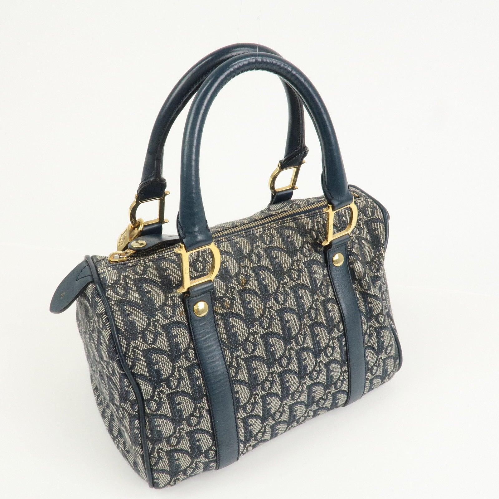 Christian Dior Oblique Canvas Leather Boston Bag Hand Bag Navy