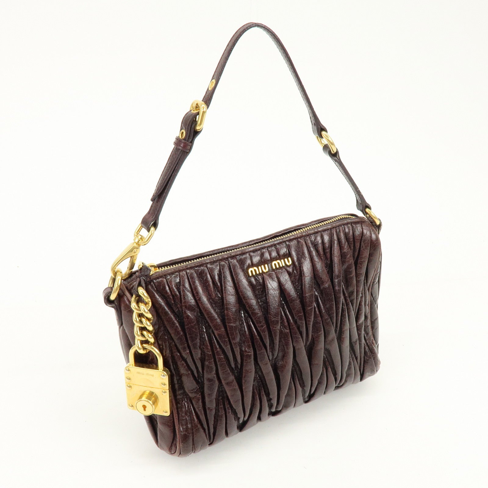 MIU MIU Matelasse Gathered Leather Hand Bag Brown