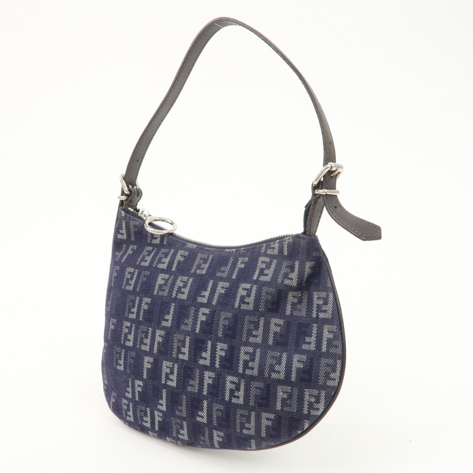 FENDI Zucchino Canvas Leather Shoulder Bag Hand bag Navy 8BR248 Used