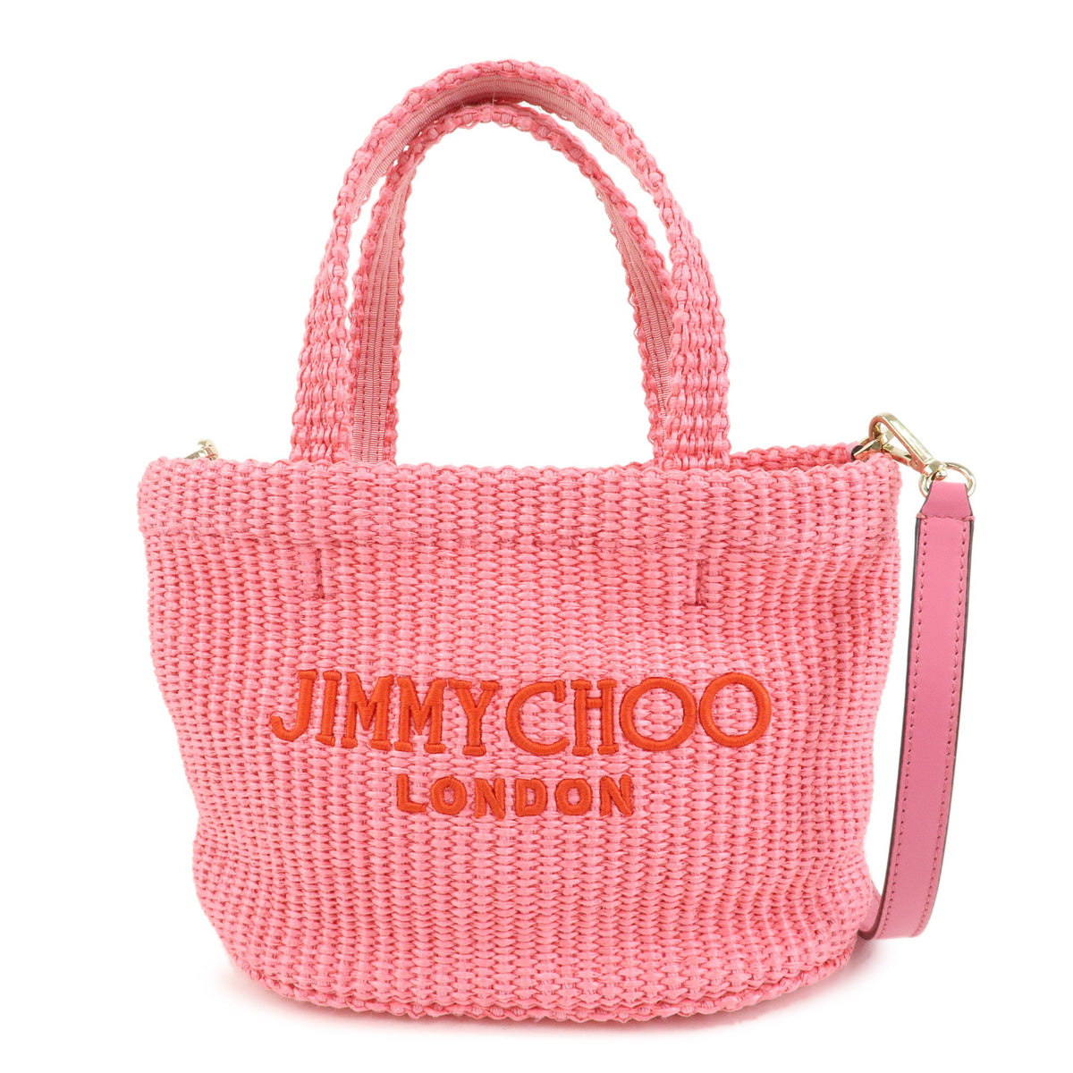 JIMMY CHOO Raffia Leather Beach Tote East West Mini 2Way Bag Pink