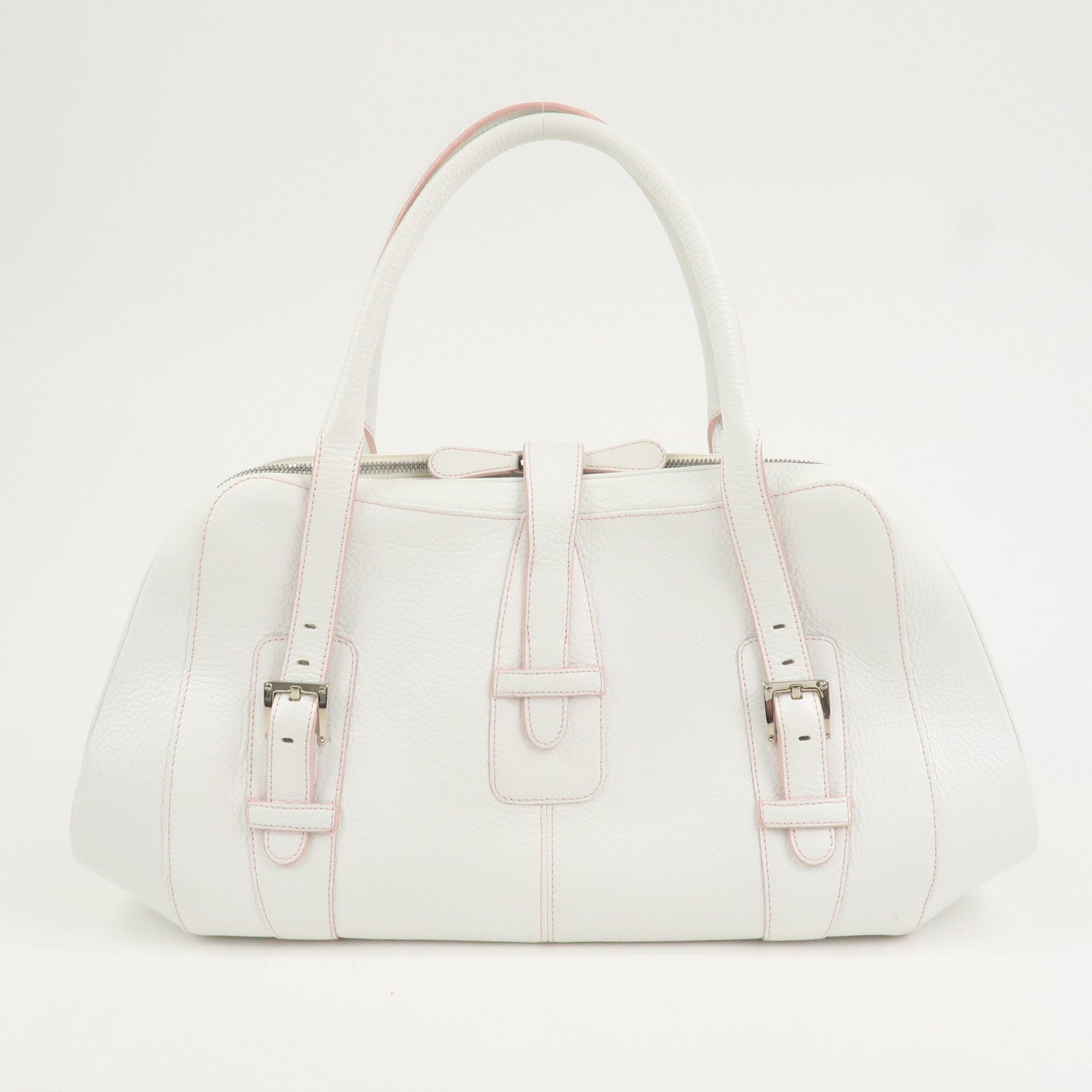 LOEWE Logo Senda Leather Shoulder Bag Boston Bag White Pink