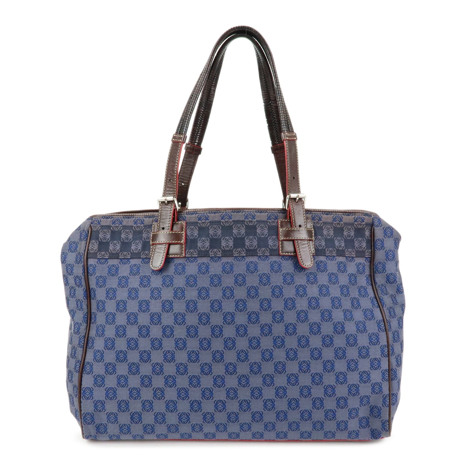 LOEWE Repeat Anagram Canvas Leather Tote Bag Hand Bag Blue Brown