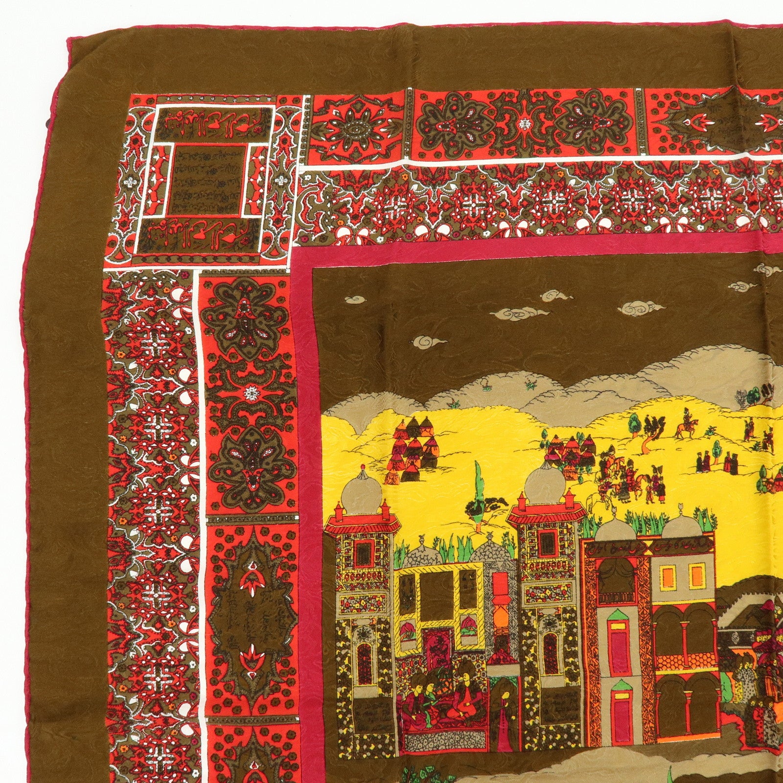 FENDI Silk 100% Scarf Oriental Motif Brown Multicolor