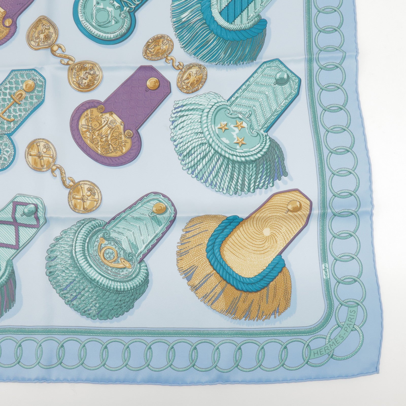 HERMES Carre 70 Silk 100% Scarf Epaulette Light Blue Light Green