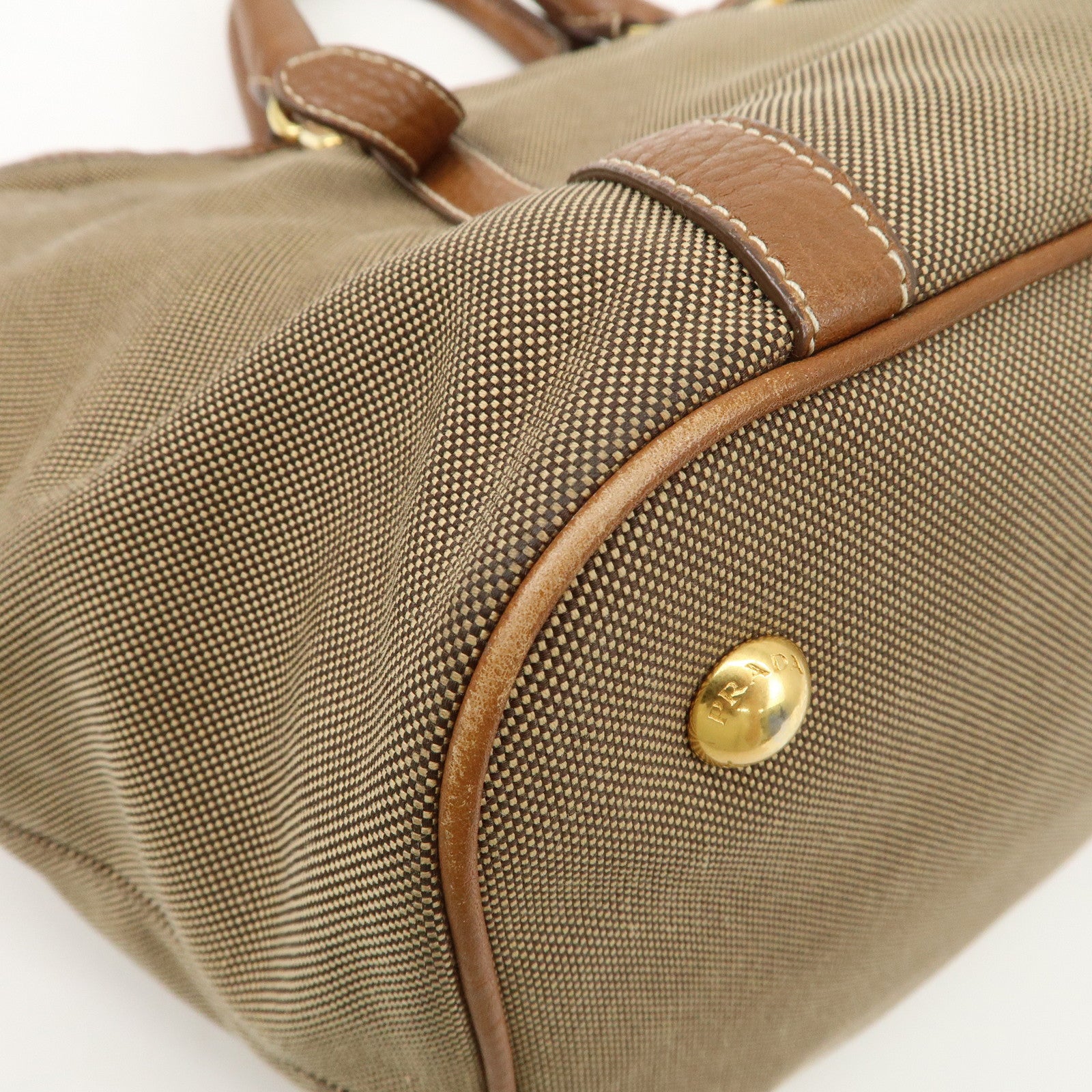 PRADA Leather Logo Jacquard Tote Bag Ribbon Beige Brown BN1841 Used