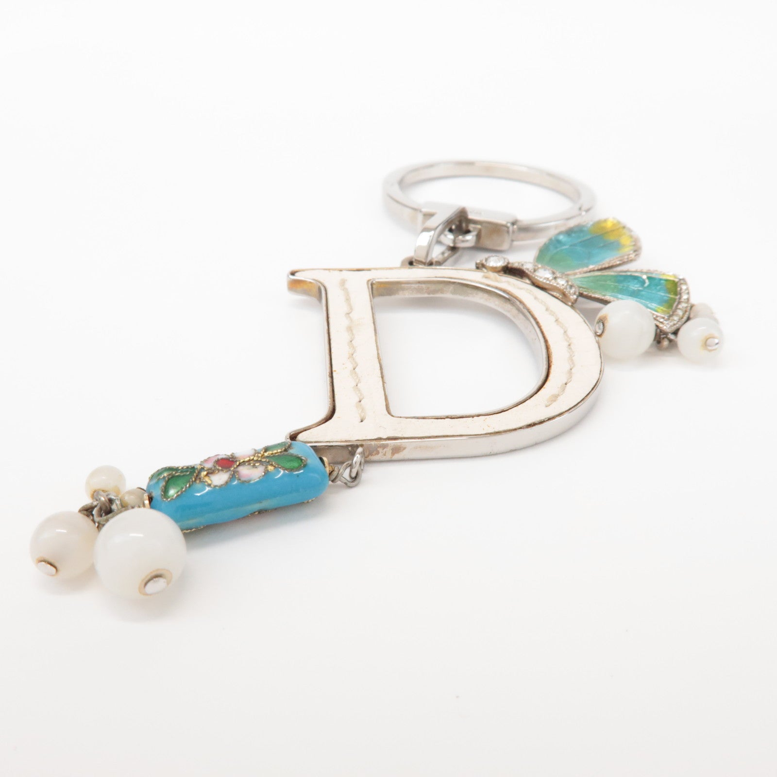 Christian Dior Metal Leather Butterfly Bag Charm Key Chain White