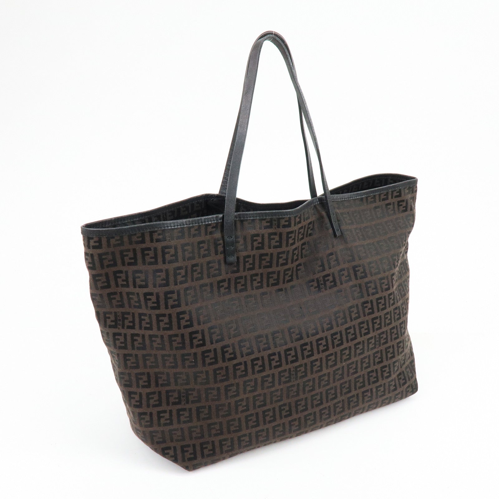 FENDI Zucchino Canvas Leather Tote Bag Shoulder Bag Brown