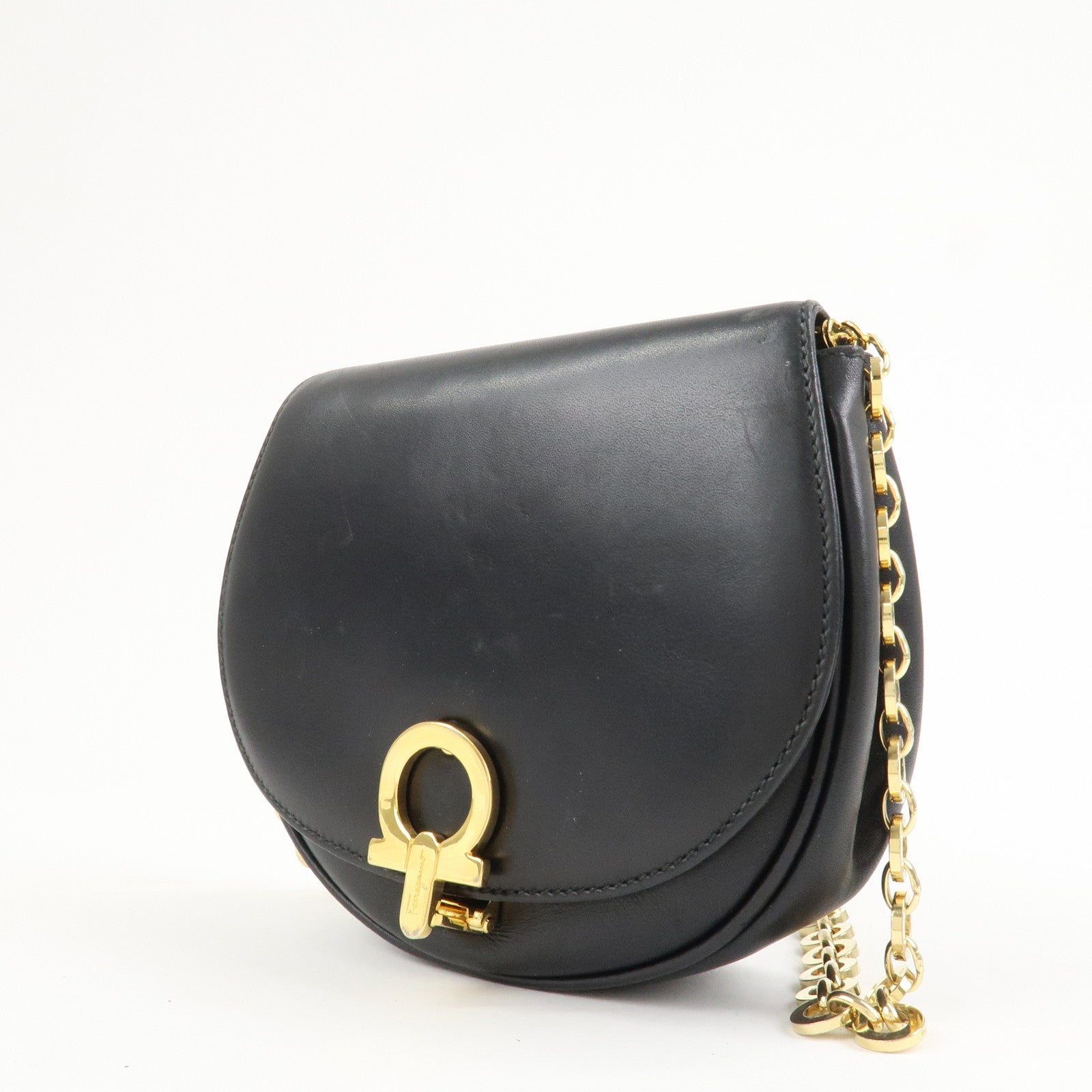 Ferragamo Gancini Leather 2Way Chain Shoulder Bag Waist Bag Black