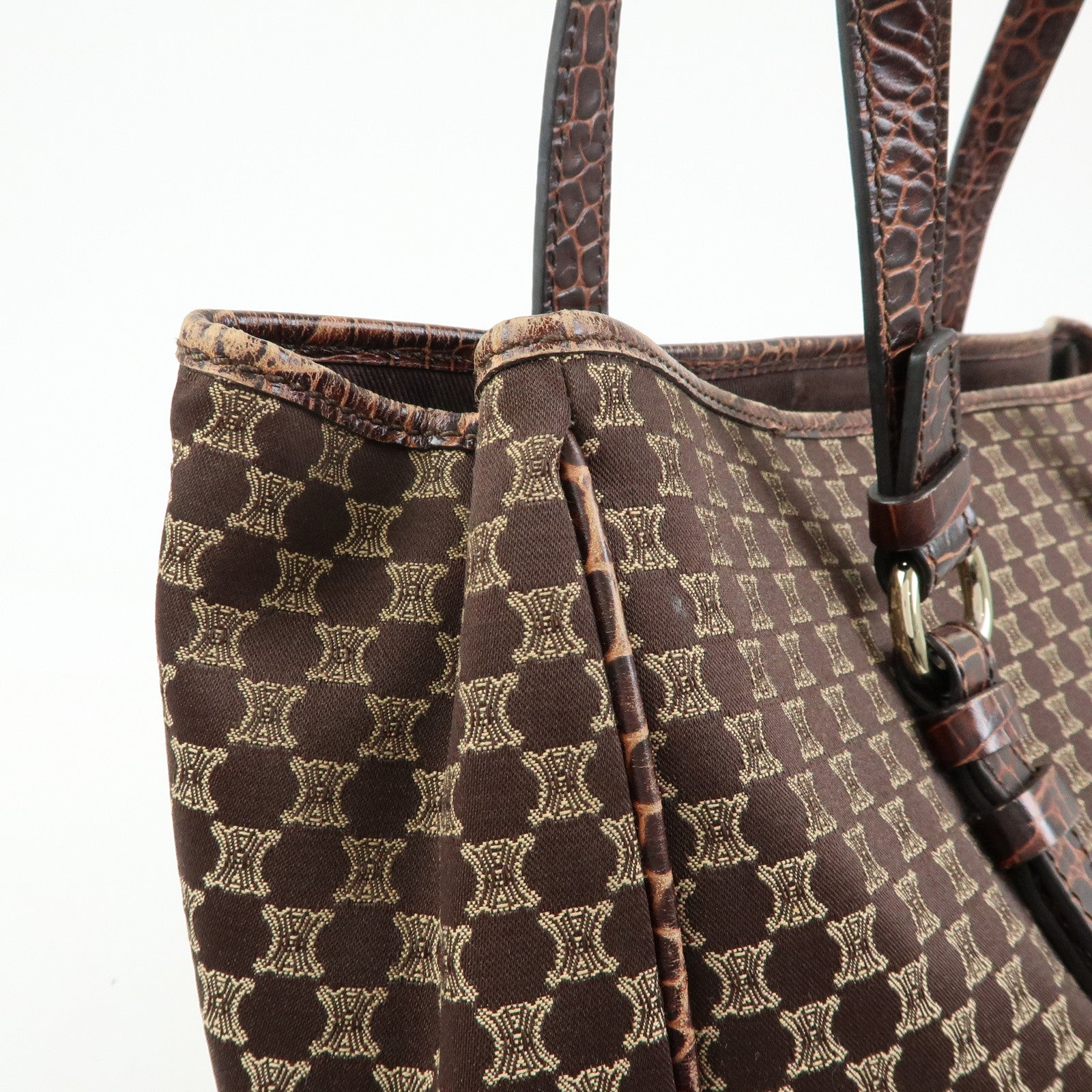 CELINE Macadam Embsossed Leather Canvas Tote Bag Hand Bag Brown