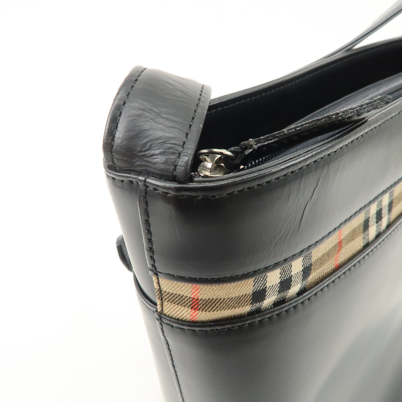 BURBERRY Burberrys Leather Shoulder Bag Black Silver Hardware Used