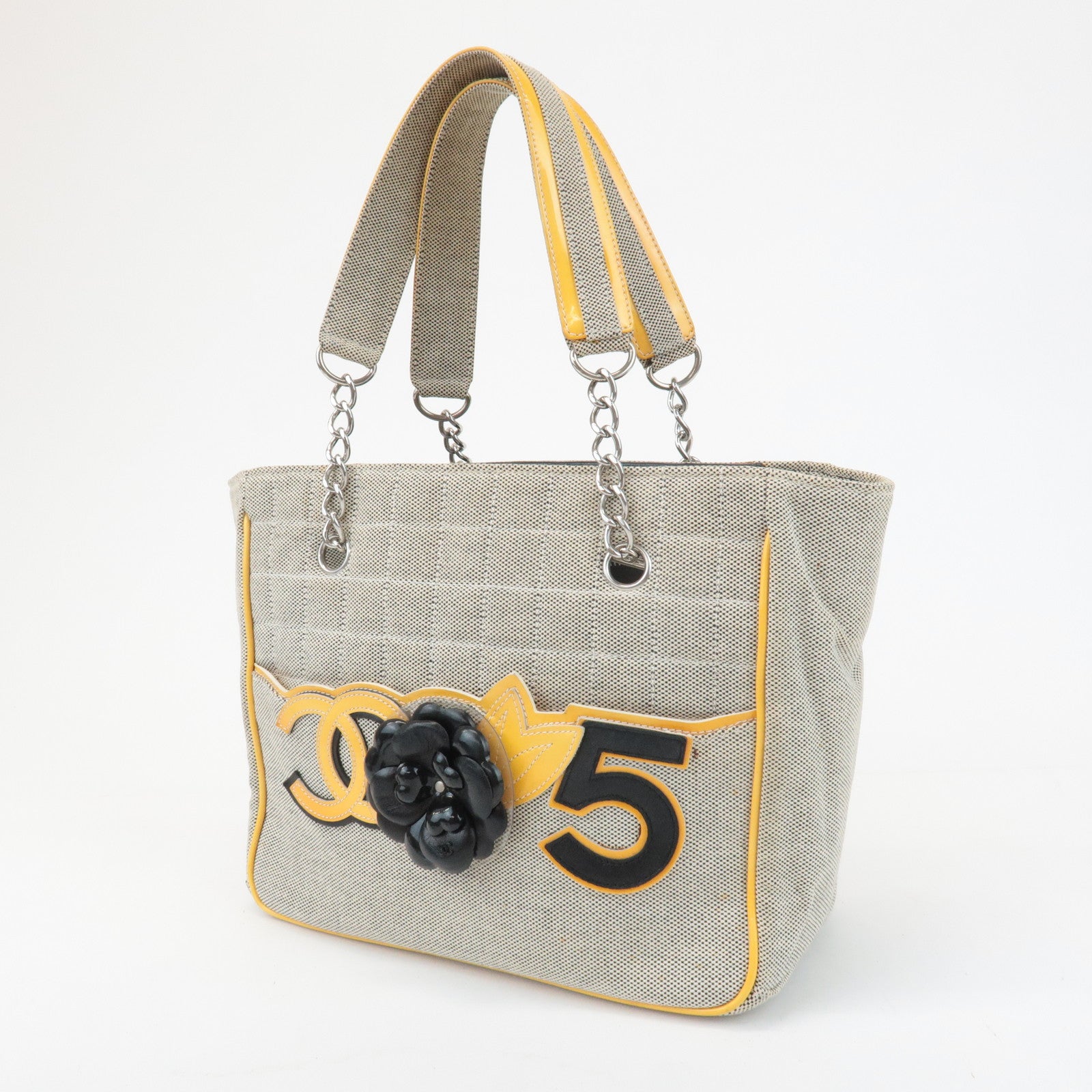 CHANEL COCO Mark No.5 Camellia Canvas Leather Patent Hand Bag A31573 Used