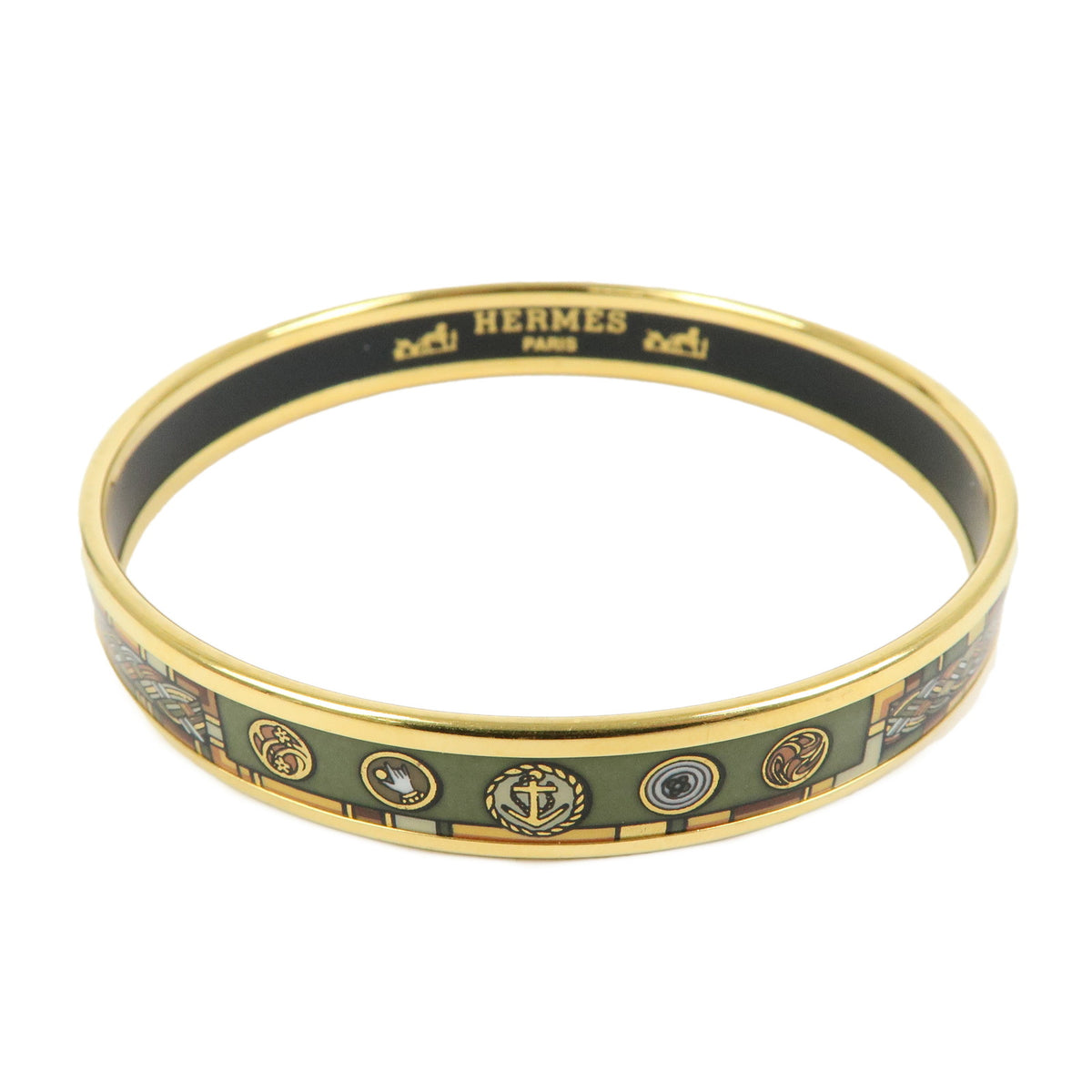 HERMES Email PM Gold Plated Bangle Bracelet Gold Green