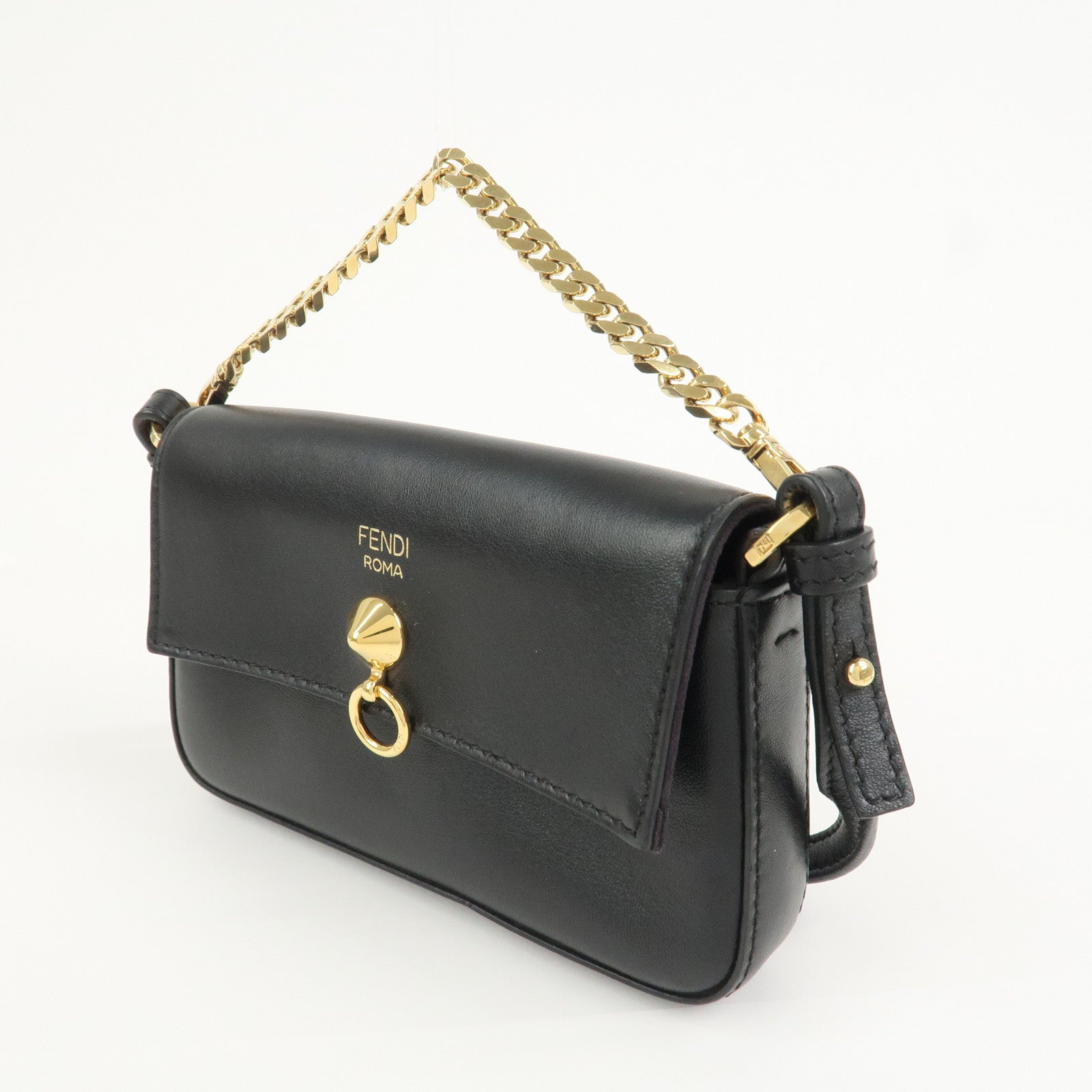 FENDI Leather Micro Baguette Shoulder Crossbody Bag Black 8M0354